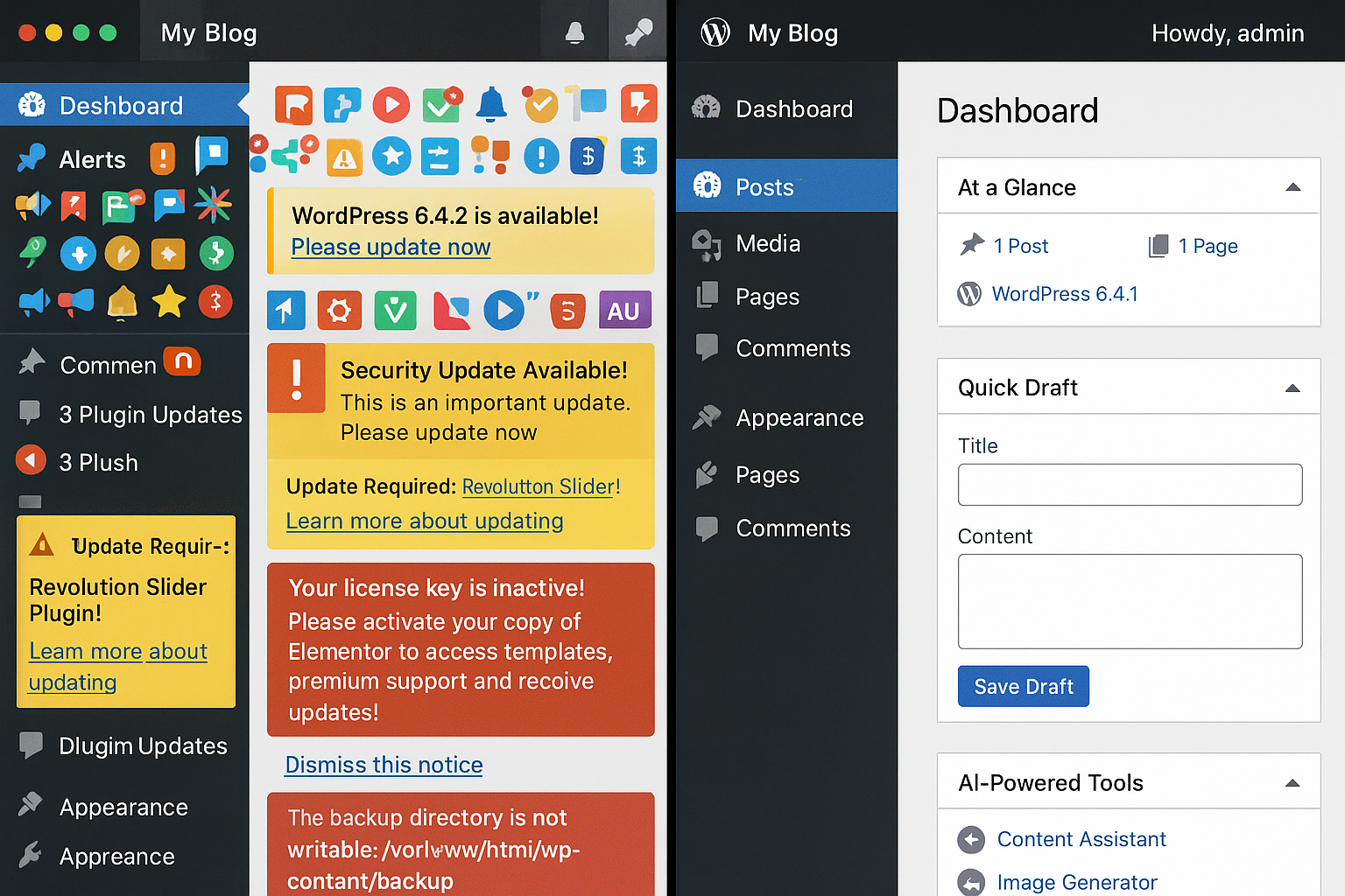 Split comparison of cluttered WordPress dashboard with many plugins versus clean, minimal AI-powered dashboard