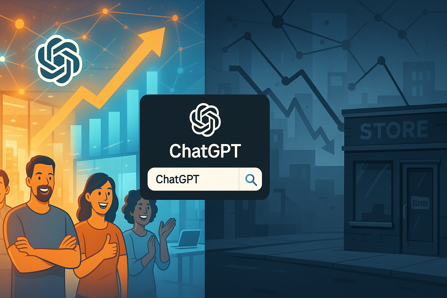 ChatGPT index website, Split-screen comparison showing a thriving business with digital AI connections and upward trending graphs on the left, versus a struggling business with broken connections and declining metrics on the right, with ChatGPT search interface in the center