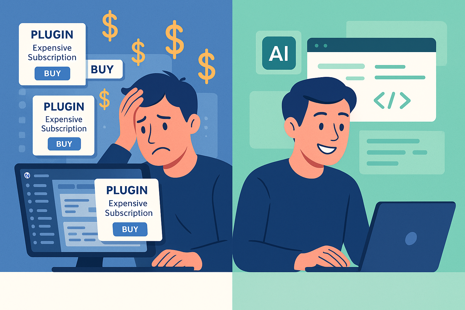 Split-screen comparison showing frustrated website owner with expensive plugin pop-ups versus happy user working with clean AI-powered tools