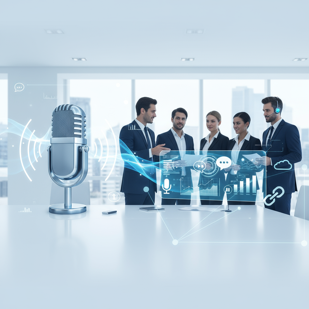 AI Voice Assistants for Business - Professional team using voice AI technology in modern office setting with holographic interface elements