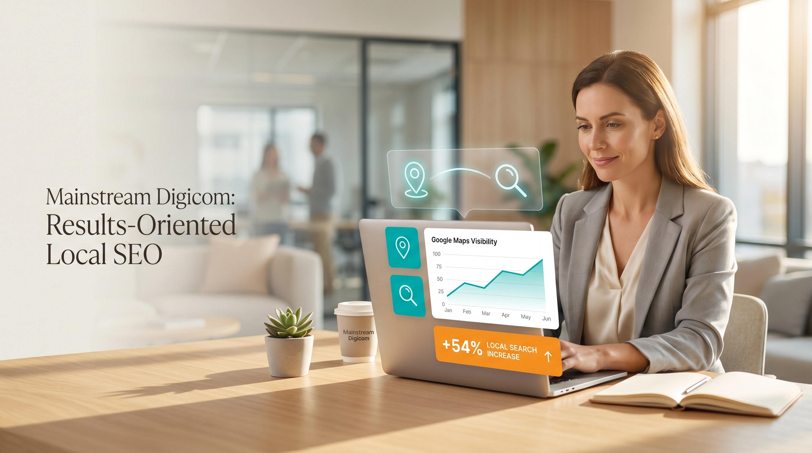 Business growth chart paired with a map pin and search icon representing local SEO results