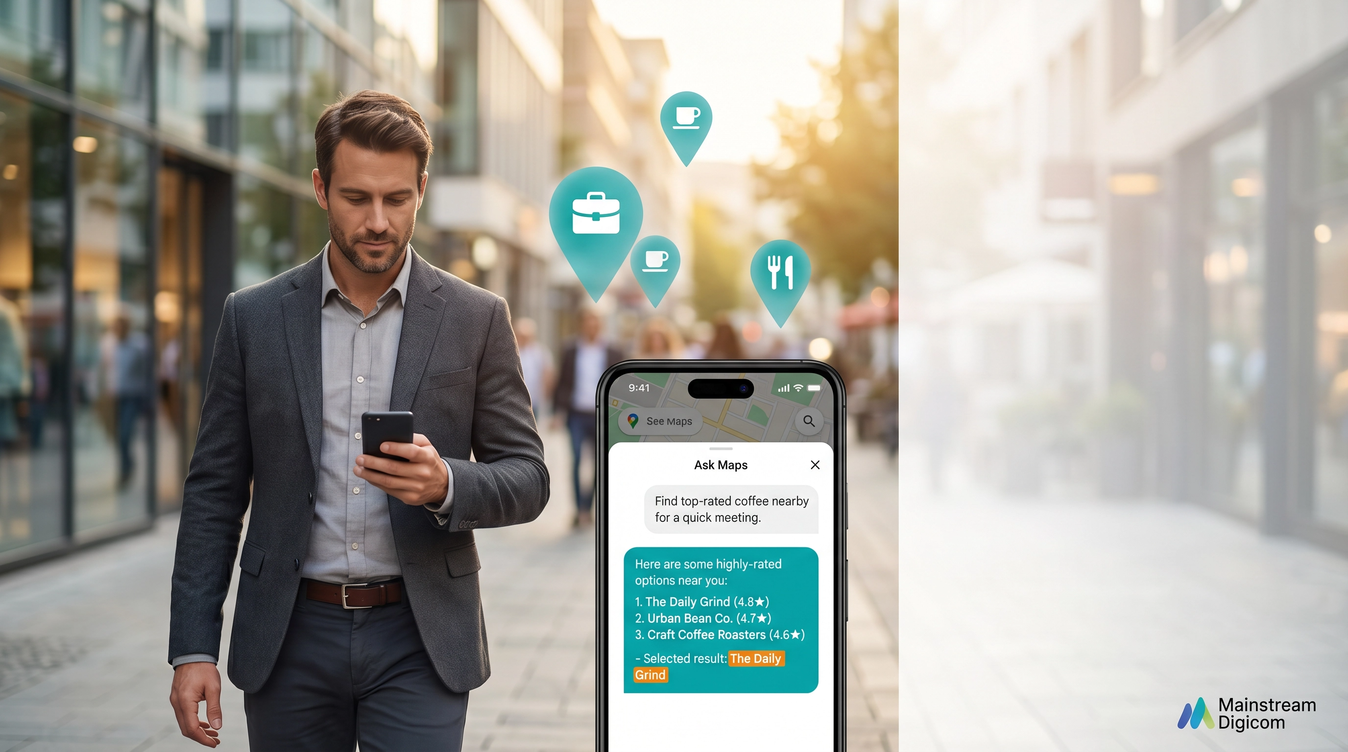 Person using a smartphone to search for local businesses with Google Maps and Ask Maps