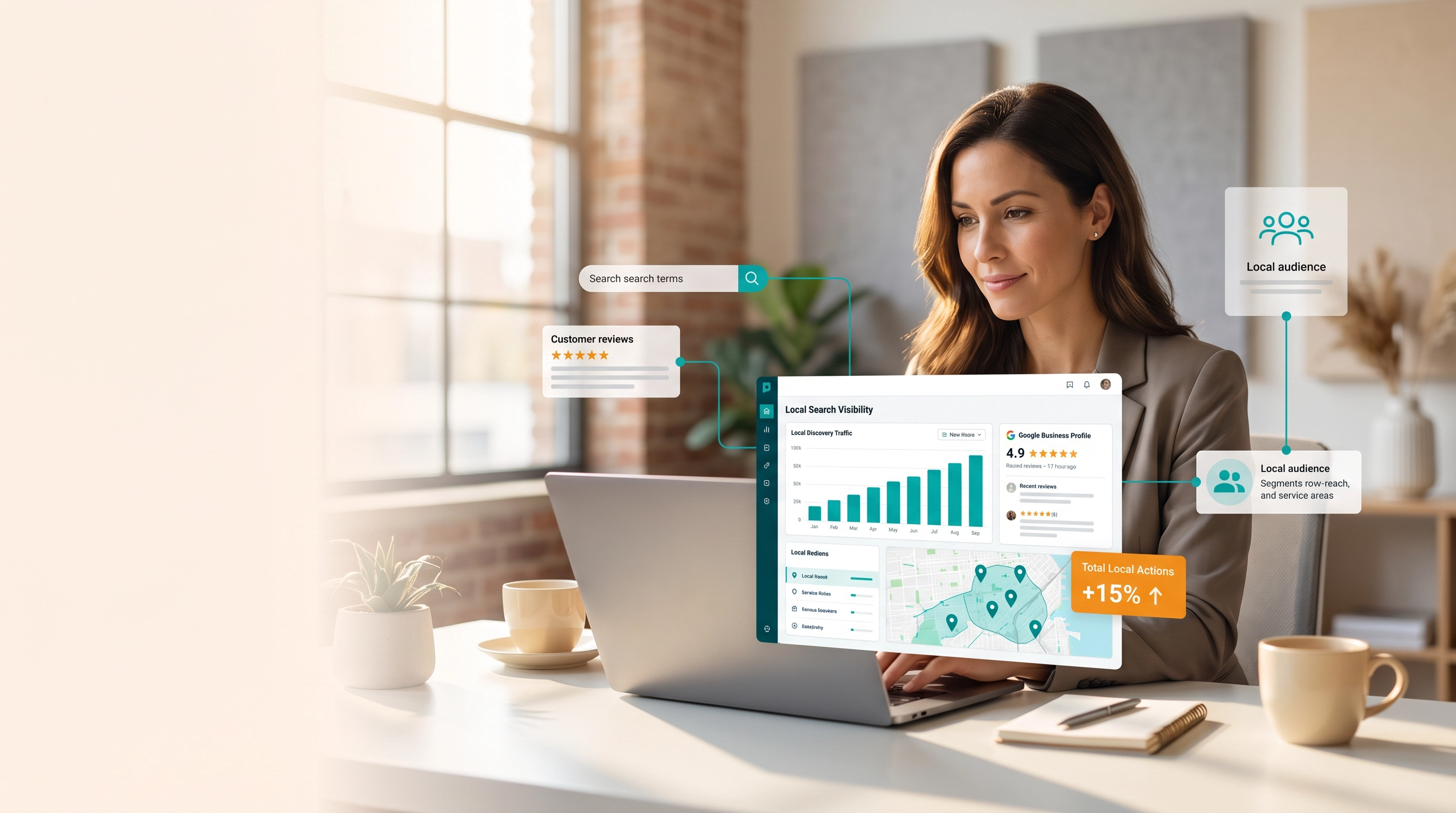 A business owner checking local search visibility and customer discovery analytics on a laptop.