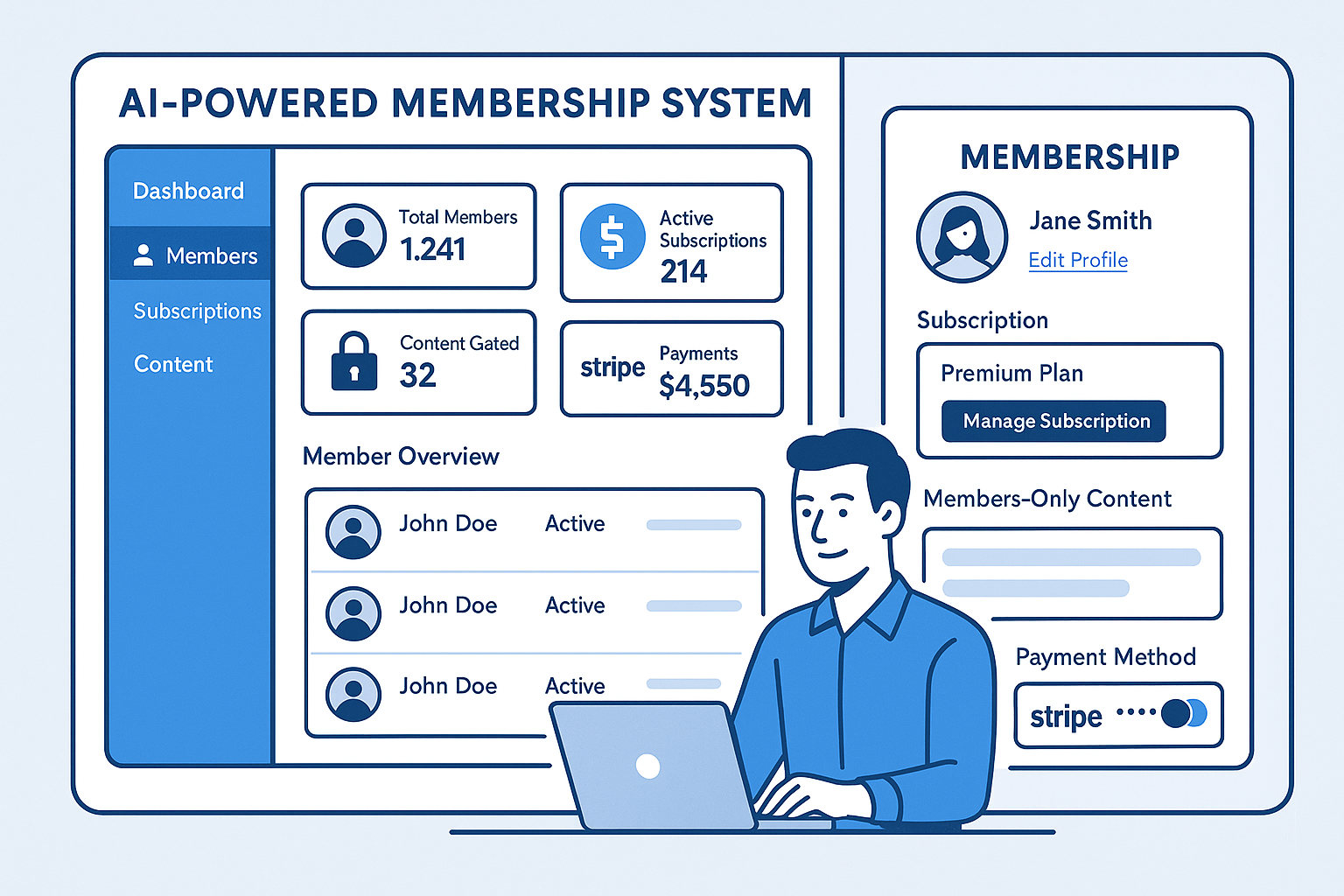 Professional AI-powered membership system interface showing admin dashboard and user portal with Stripe integration