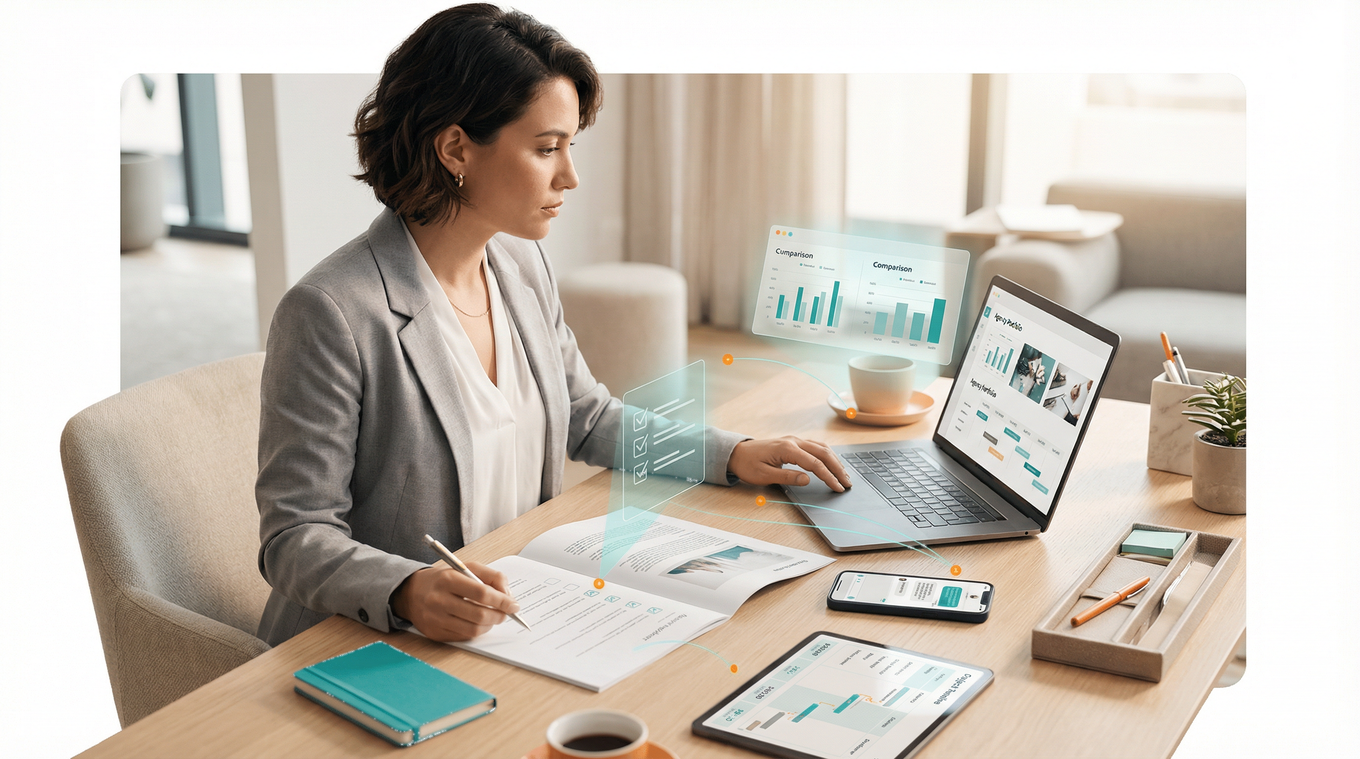 Business owner comparing web design proposals, costs, and project timelines on a desk.