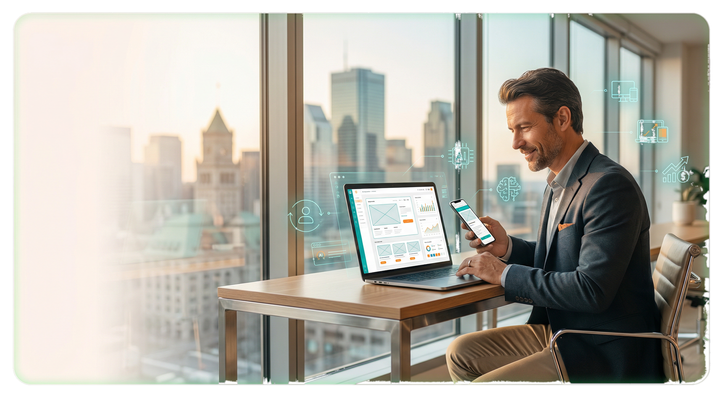 Montreal skyline with a modern laptop and web design workspace in the foreground.