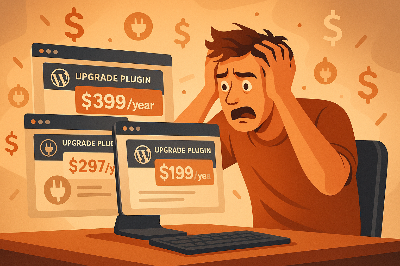 Website owner overwhelmed by multiple expensive WordPress plugin upgrade notifications showing $399, $297, and $199 yearly costs