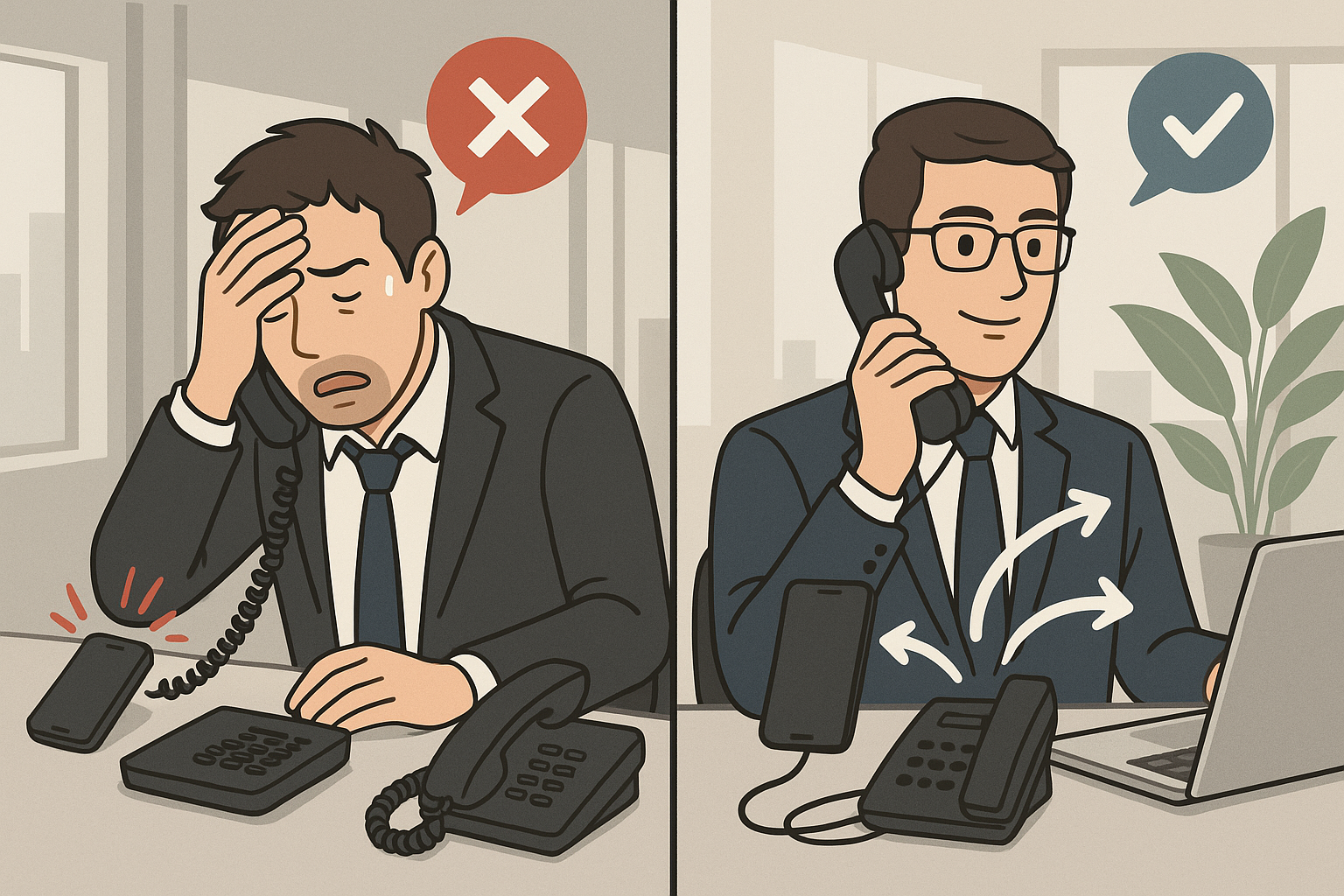 Split-screen showing stressed professional vs. organized professional. Call forwarding secrets for professionals