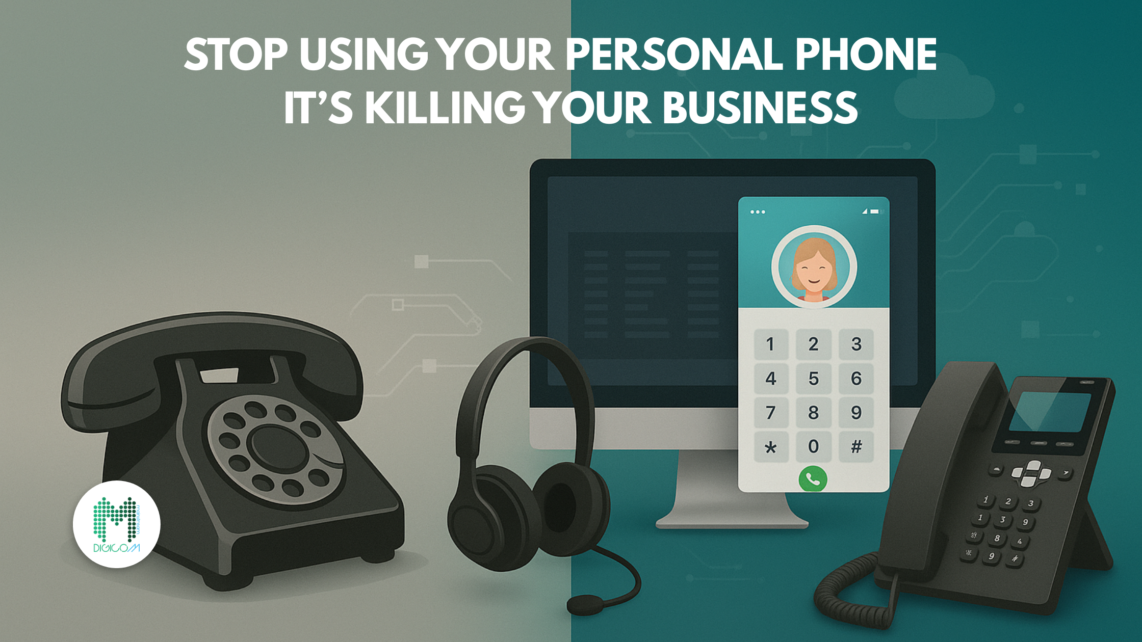 Split image of an old rotary phone and modern VoIP devices. A compact overlay in the upper left contains the headline “Stop Using Your Personal Phone” and the subheading “Remote VoIP Phone Line for Business Anywhere,” leaving the majority of the devices visible.