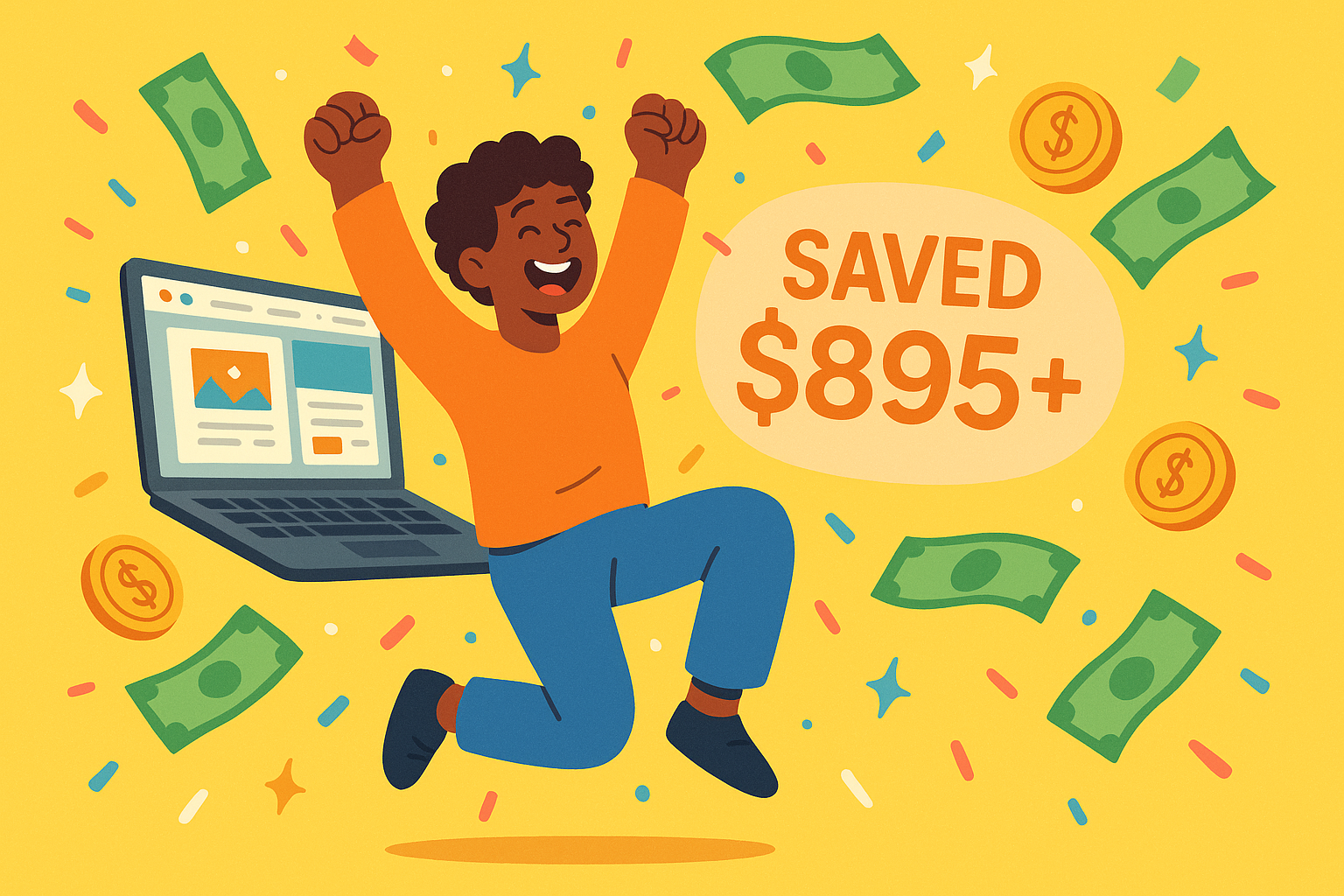 Small business owner celebrating with arms raised, laptop showing successful website, surrounded by money saved ($895+)