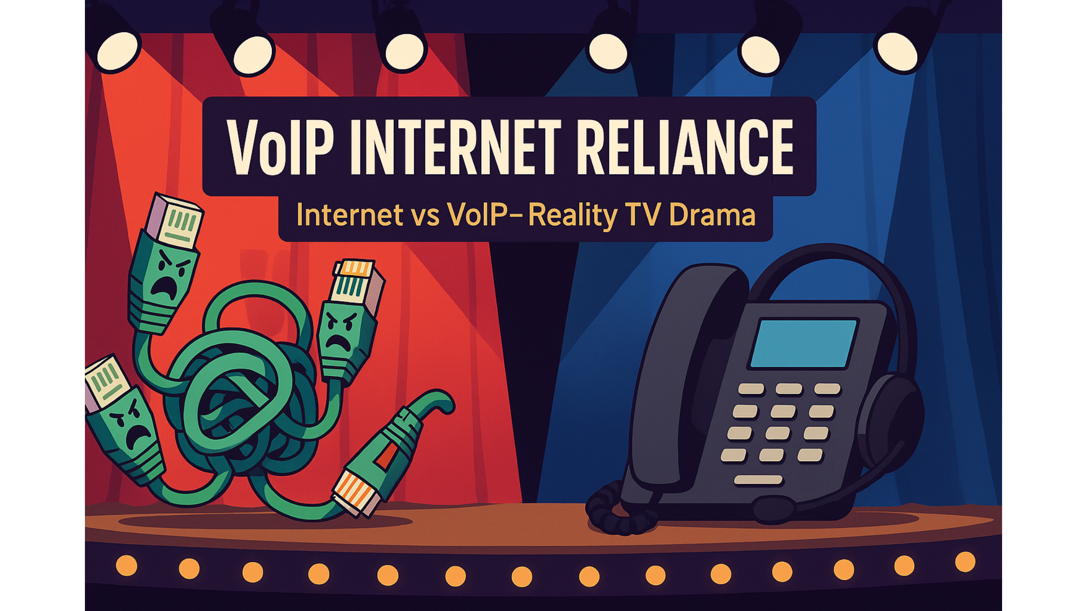 Feature graphic for ‘VoIP Internet Reliance’ blog post showing angry Ethernet cables versus a VoIP desk phone on a reality‑TV stage.