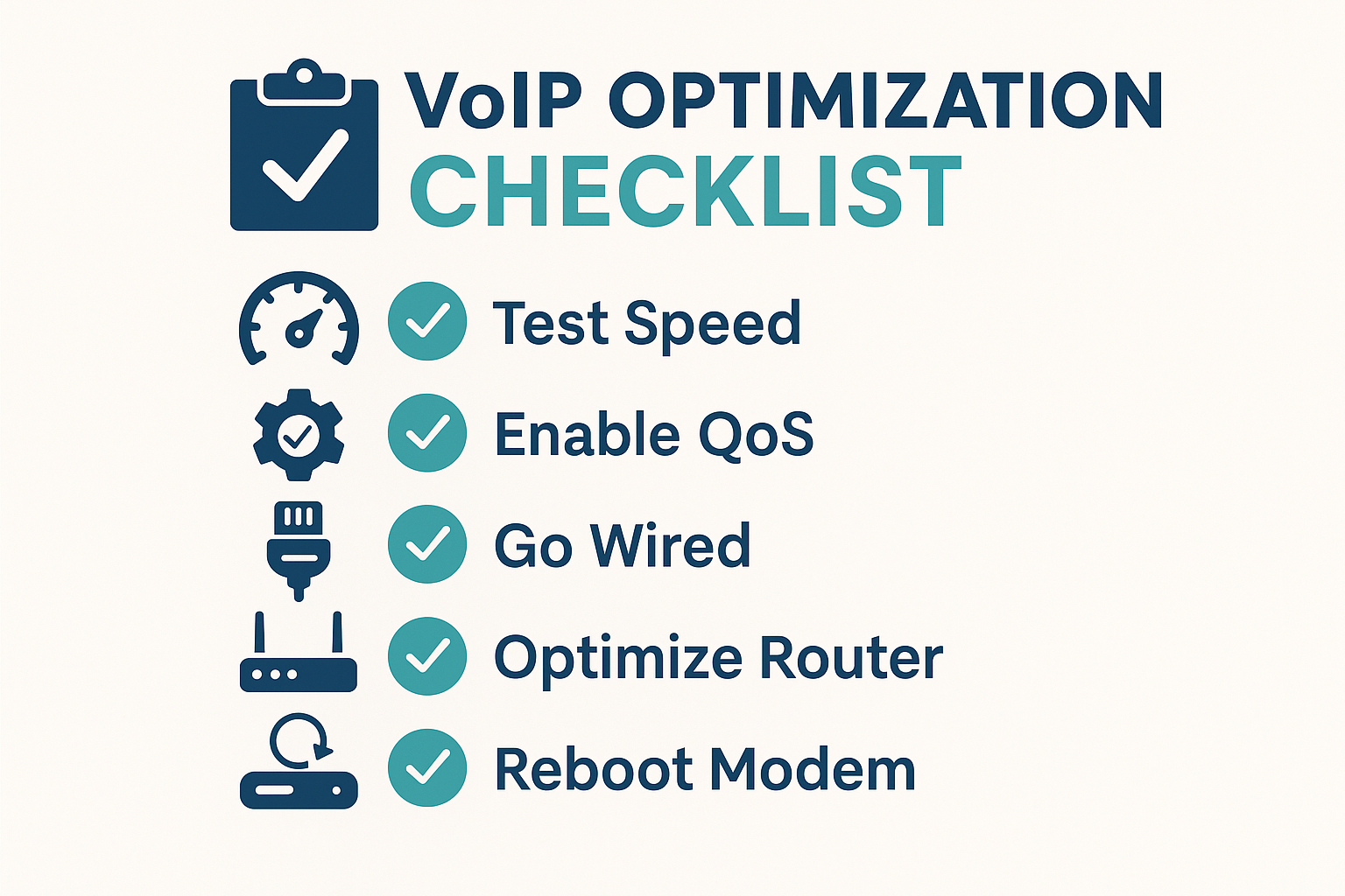Infographic checklist for optimizing VoIP: test speed, enable QoS, go wired, optimize router, reboot modem.