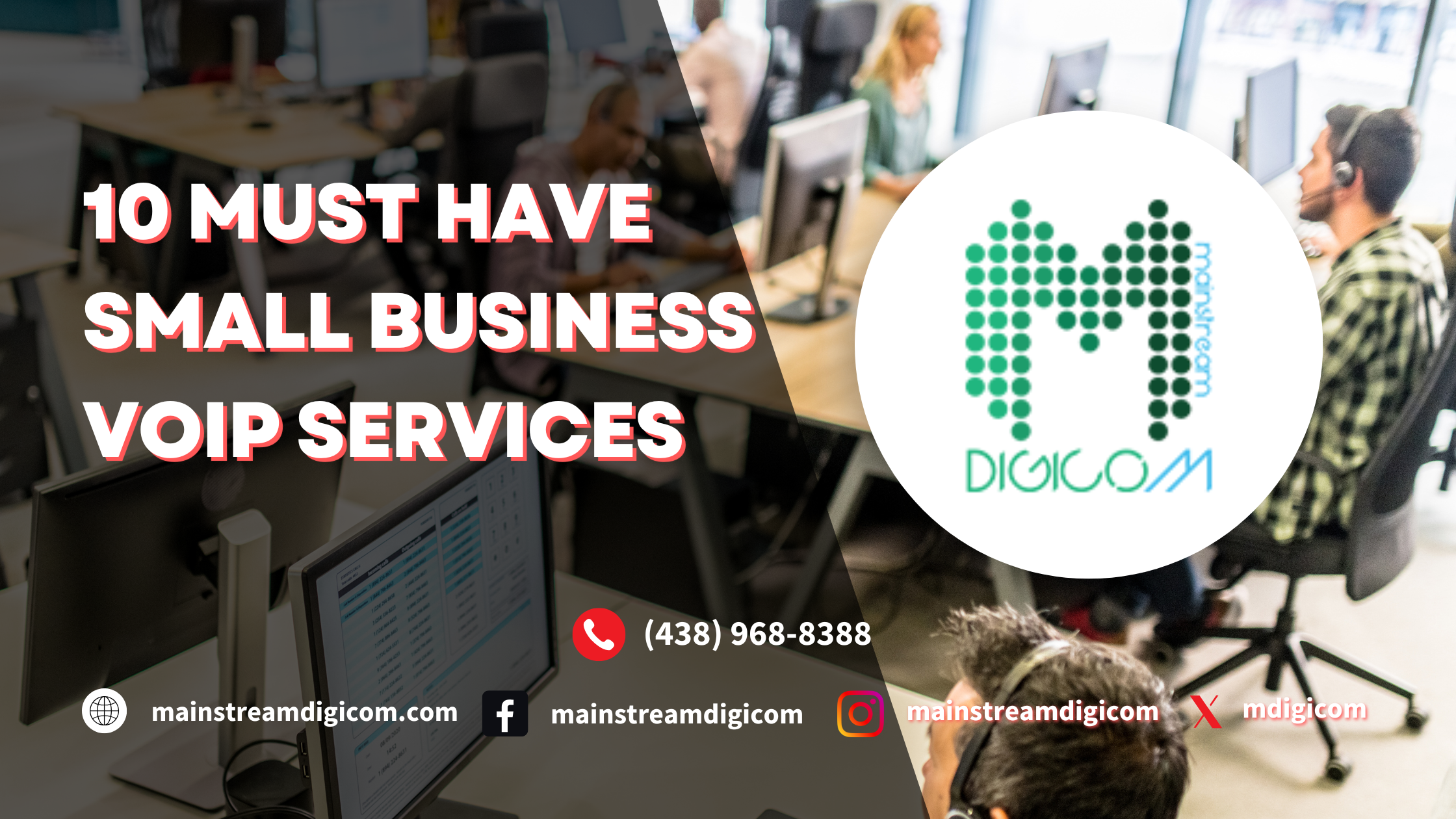 Montreal small business owner using VoIP phone system in modern office