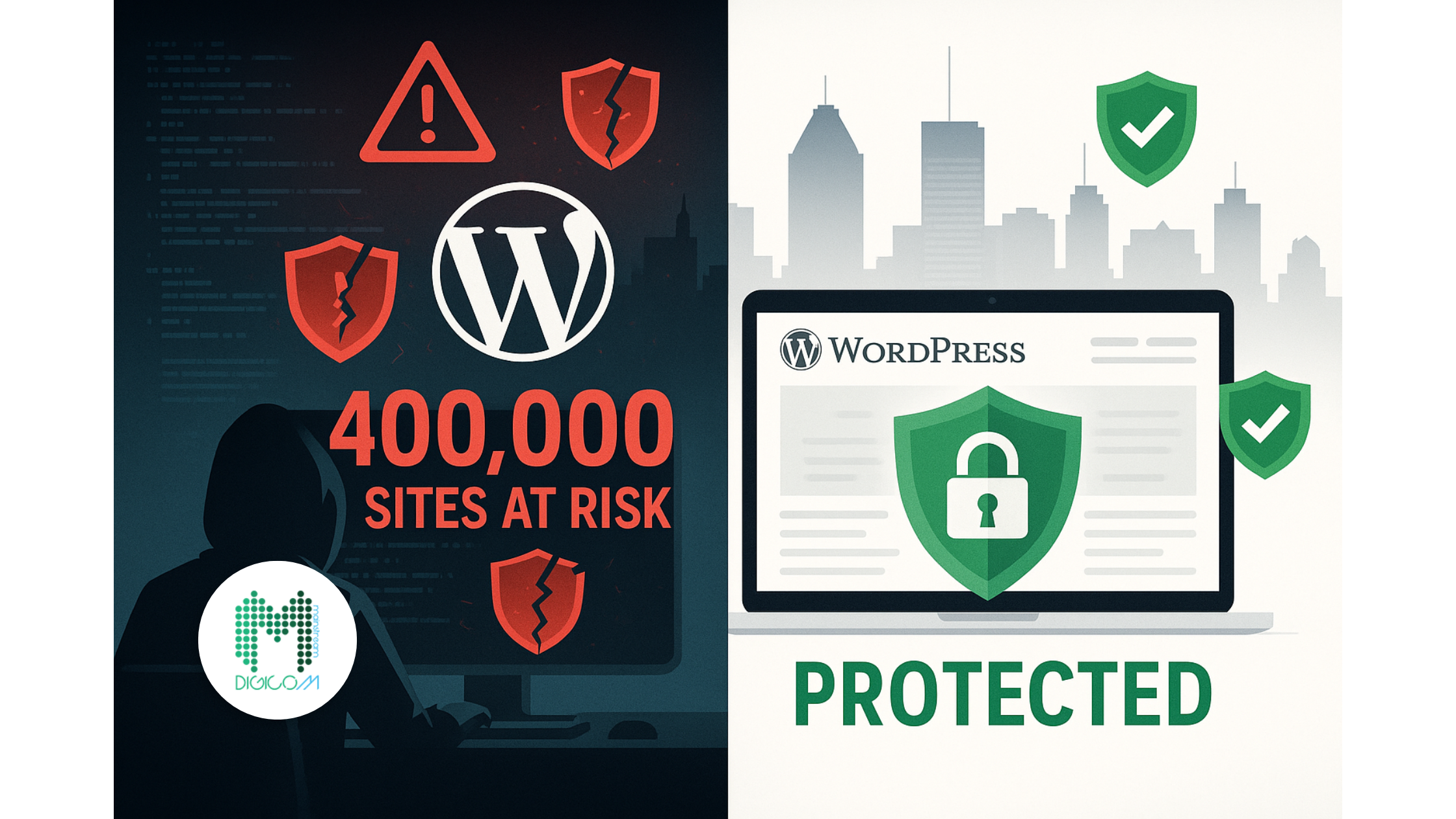 WordPress security vulnerability affecting 400,000 websites with hacker and protection imagery