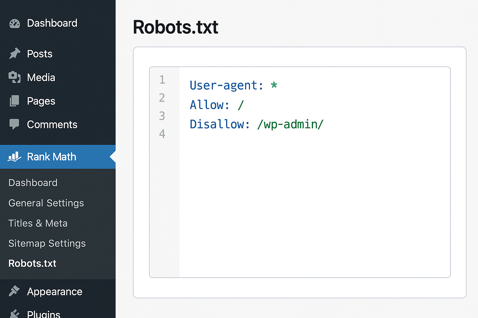 Screenshot of Rank Math robots.txt editor interface showing proper configuration
