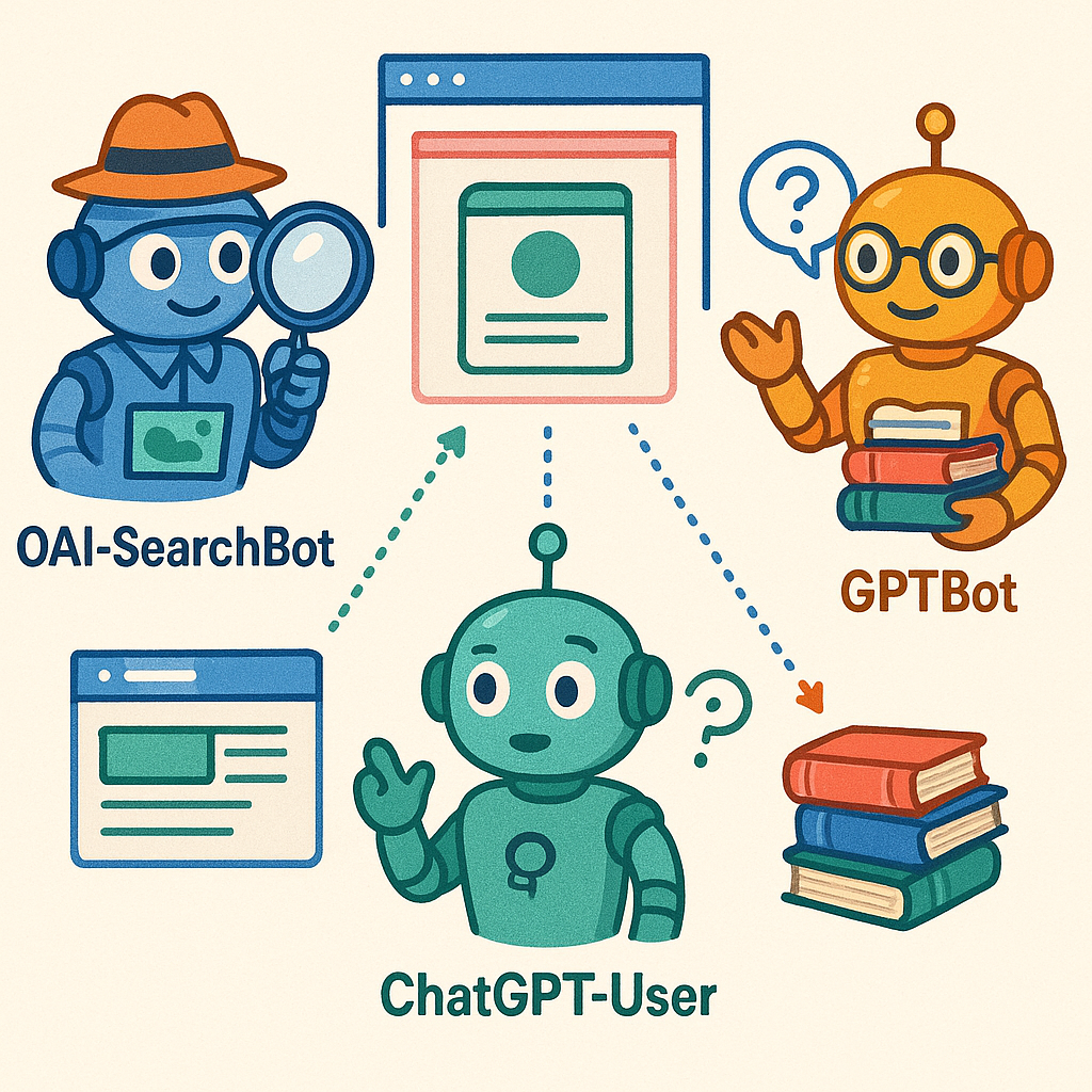 Diagram showing three friendly OpenAI bots with distinct personalities and functions