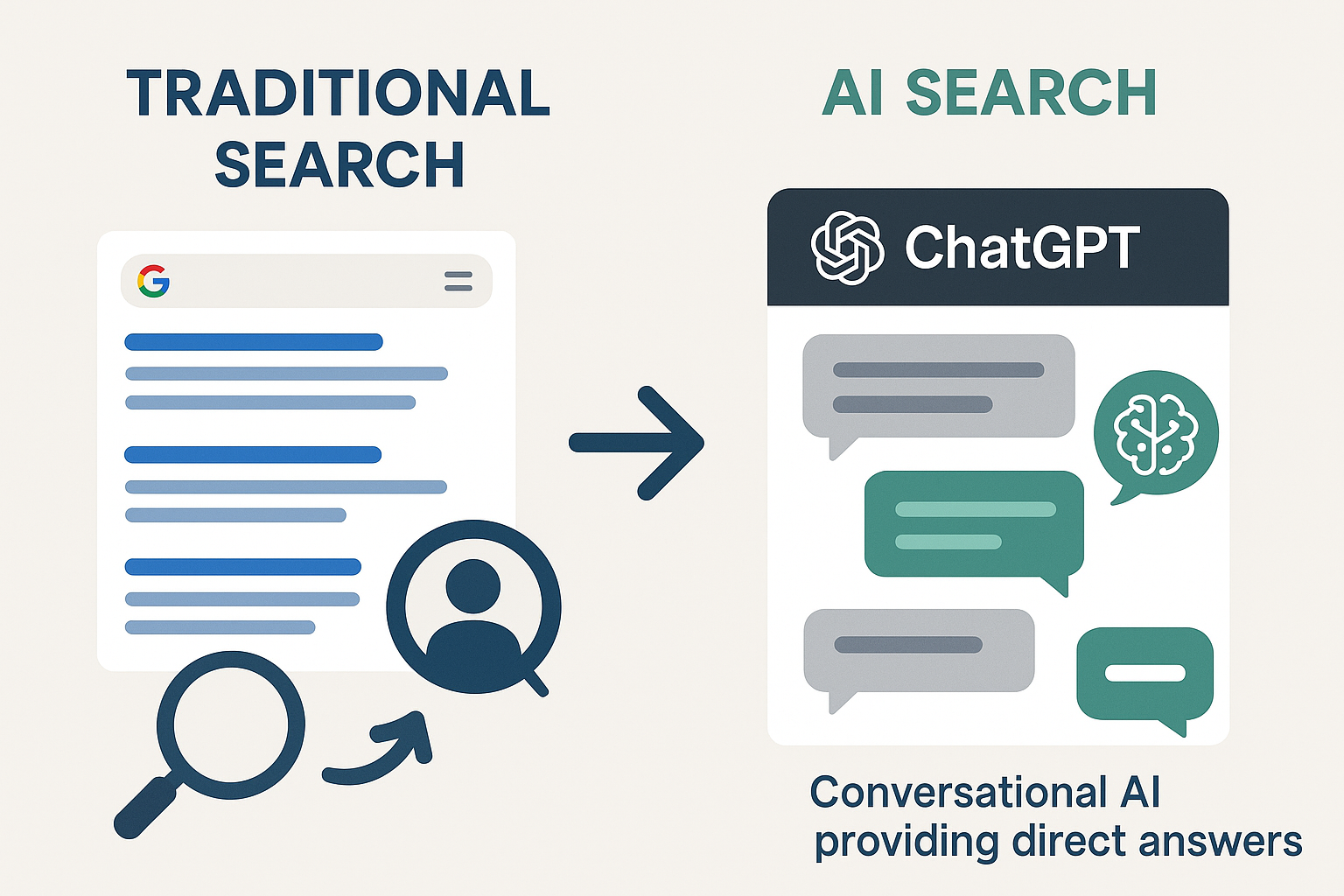 Infographic comparing traditional search results with multiple blue links versus ChatGPT providing direct conversational answers
