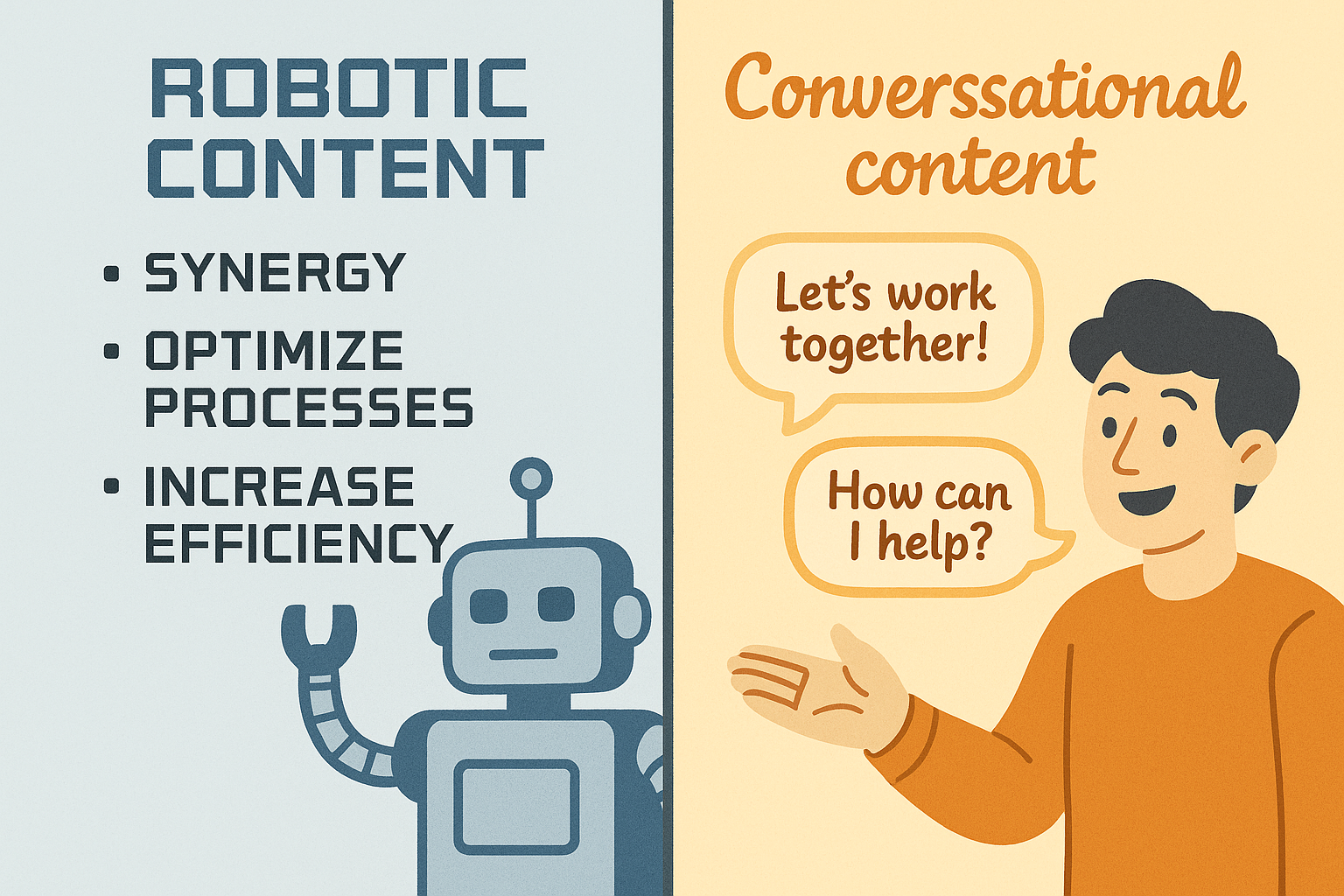 Side-by-side comparison showing robotic corporate content versus natural conversational content