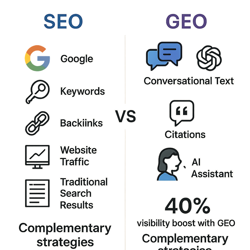 Comparison infographic showing SEO vs GEO differences