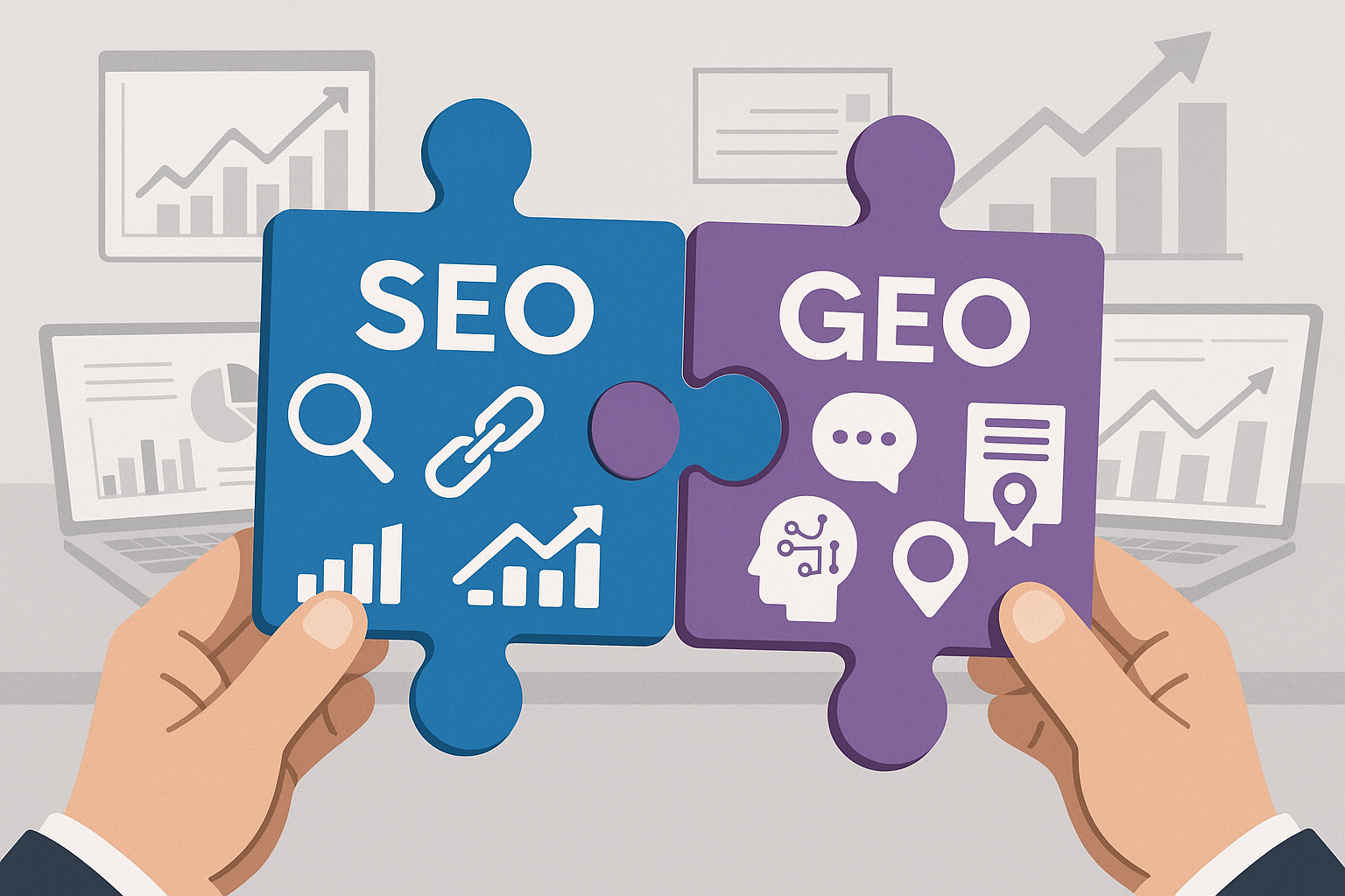 Puzzle pieces showing SEO and GEO working together