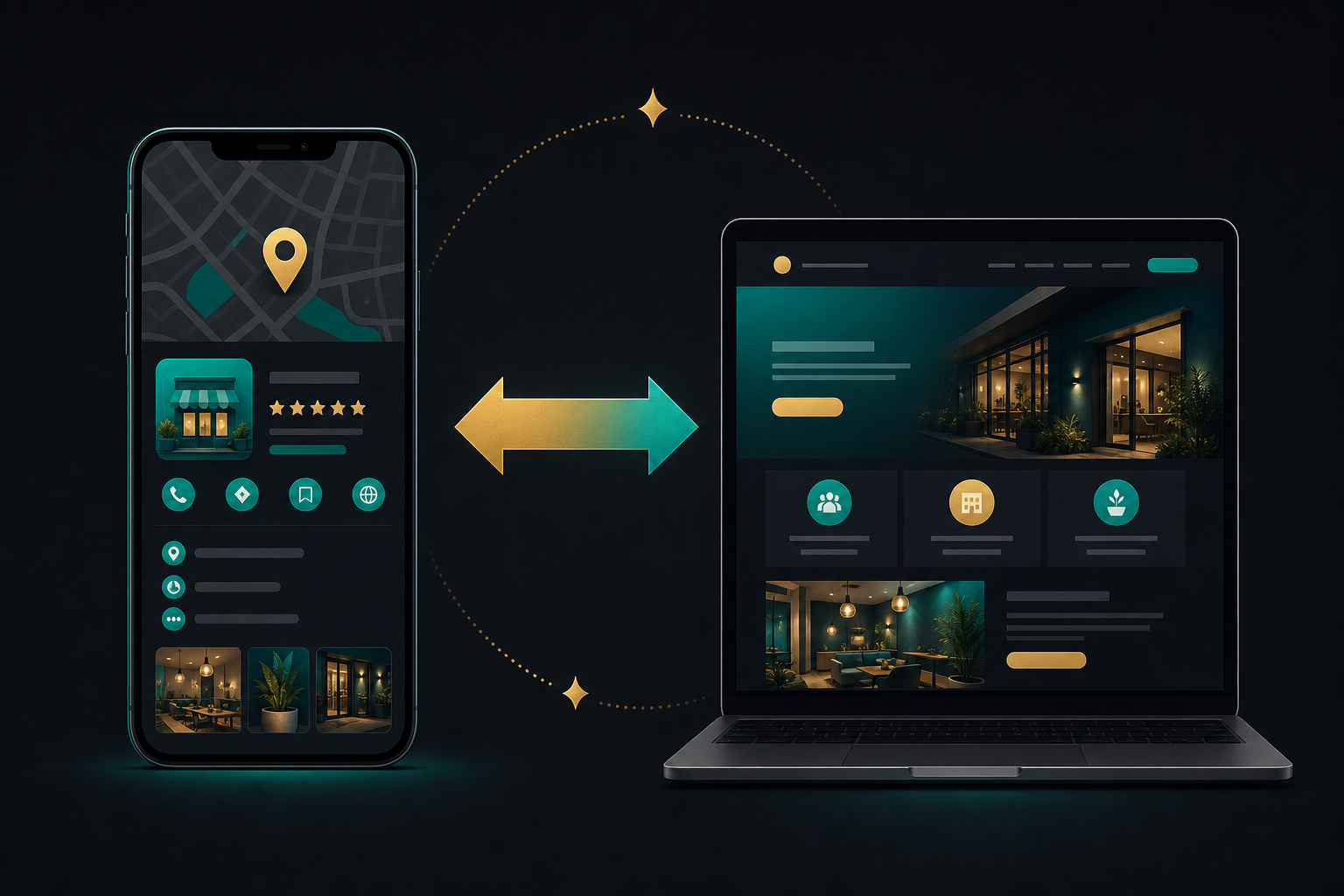 A two-way arrow connecting a stylized smartphone displaying a Maps listing on one side and a laptop showing a website page on