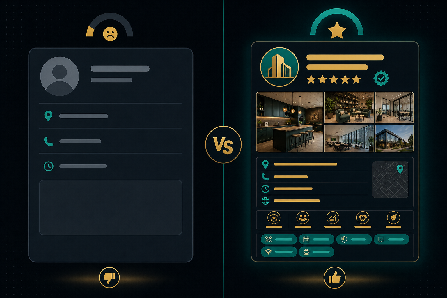 A split-screen diagram showing a sparse, half-filled business profile card on the left versus a richly detailed profile card