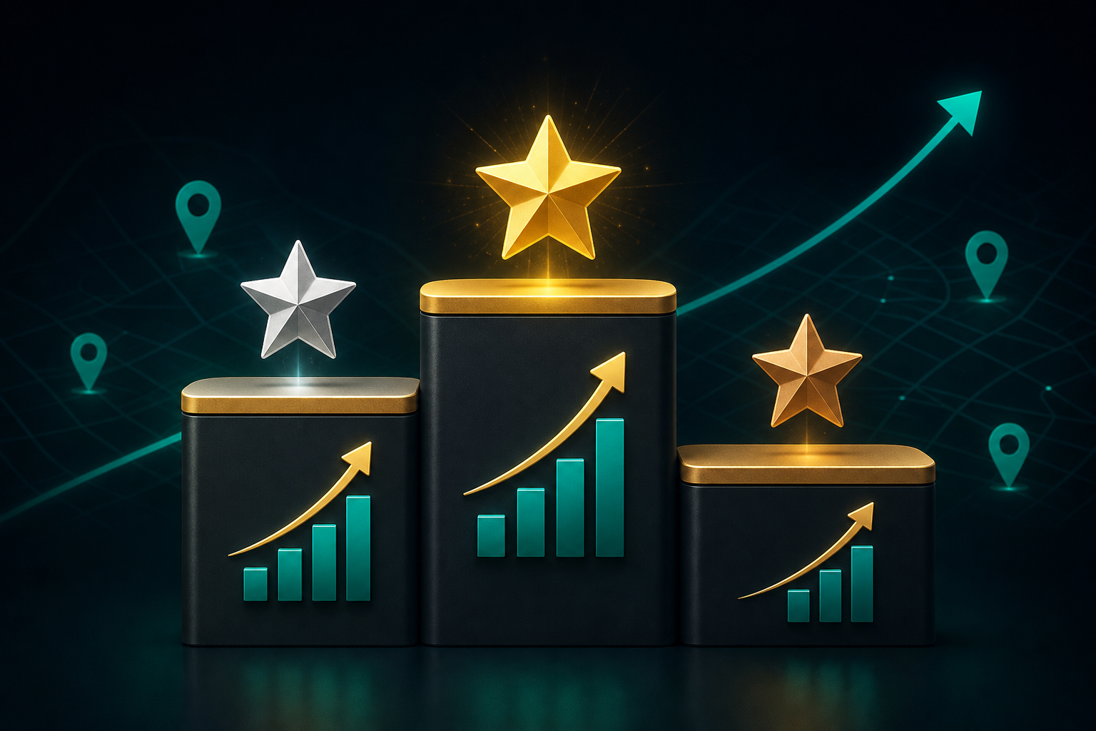 A podium-style illustration with three ascending platforms labeled with upward-trending charts and star icons, representing b