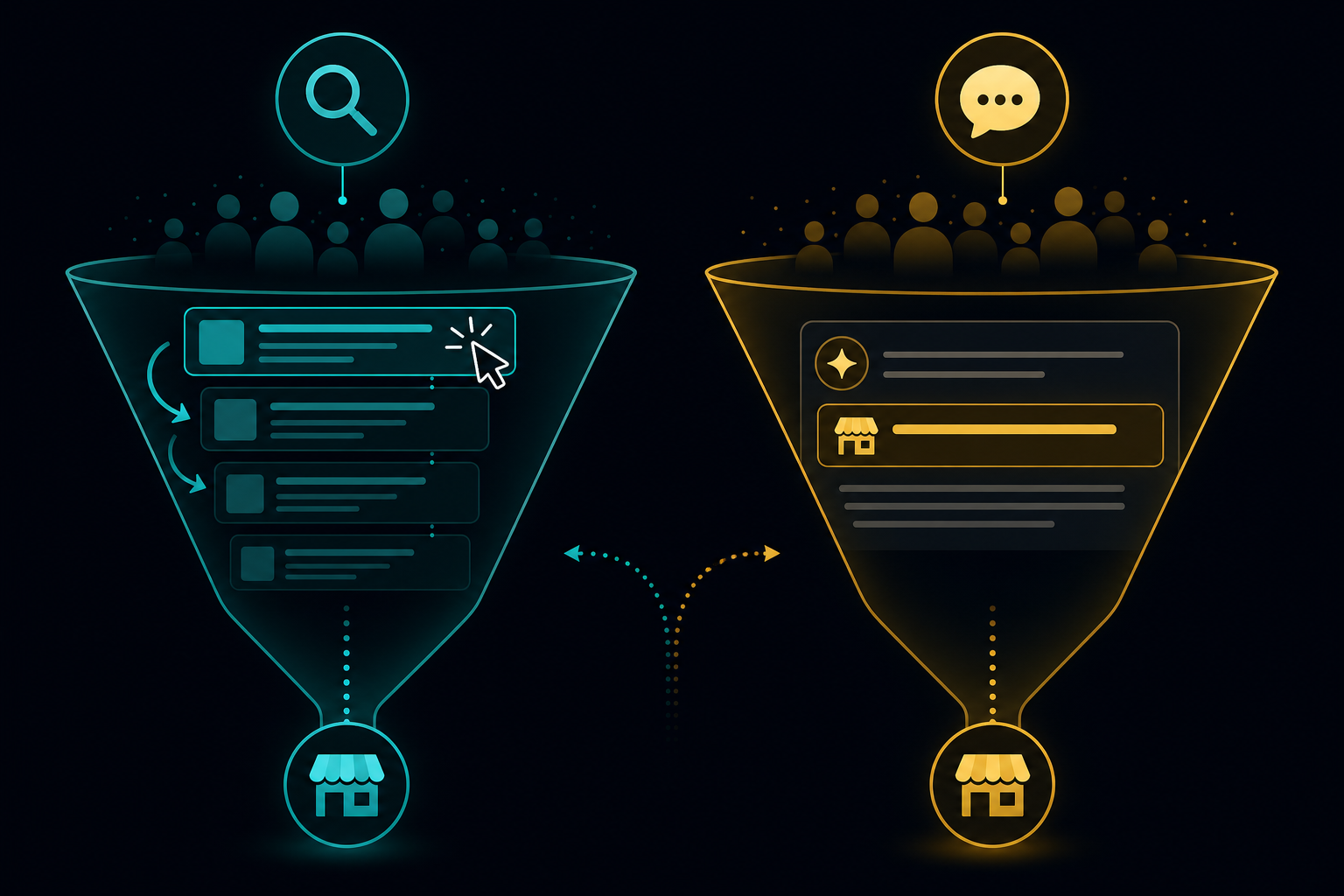 A diagram-style illustration showing two funnel shapes side by side — the left funnel labeled with a magnifying glass icon sh