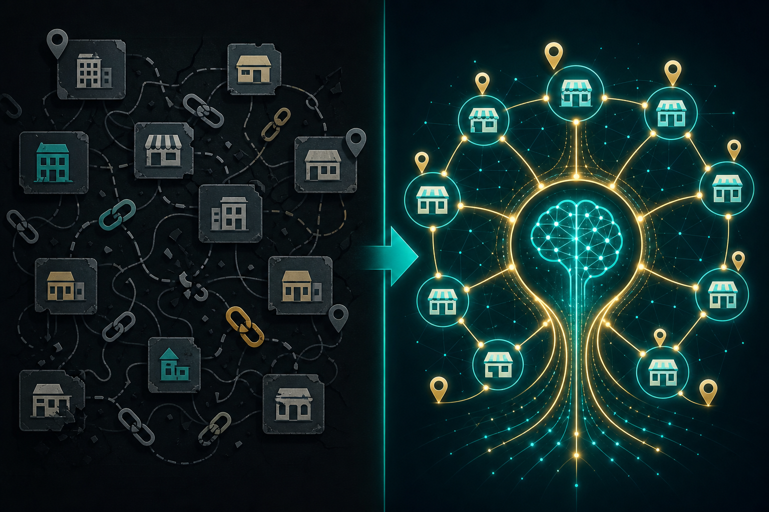 A split-screen editorial illustration showing a messy web of disconnected directory listings, broken links, and inconsistent