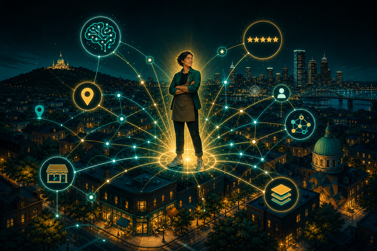 An editorial illustration of a confident small business owner (gender-neutral, modern casual attire) standing at the center o