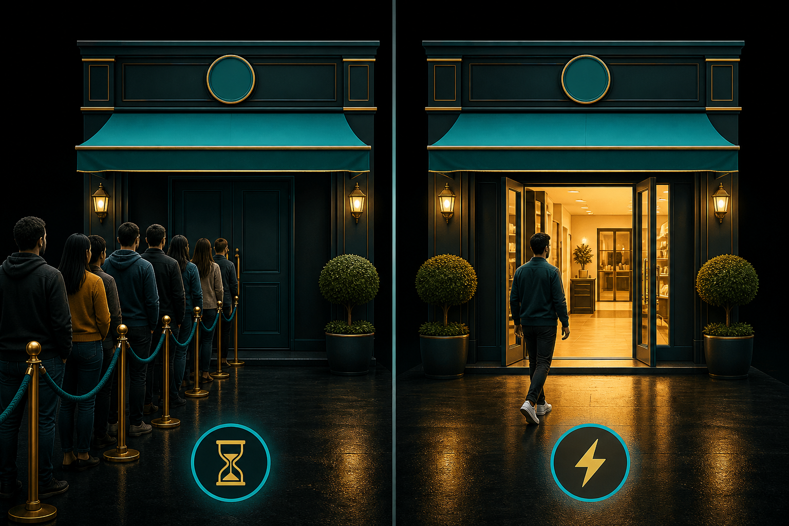 A split-screen diagram showing two identical storefronts: one with a long queue (slow site) and one with an instant open door