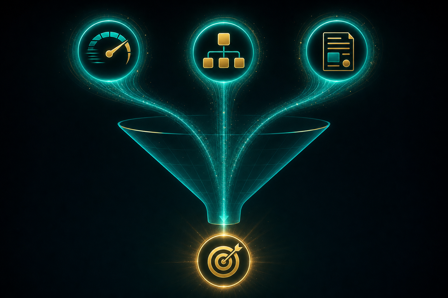 A funnel diagram with three glowing entry points labeled Speed, Schema, and Answer Content, all flowing into a single convers