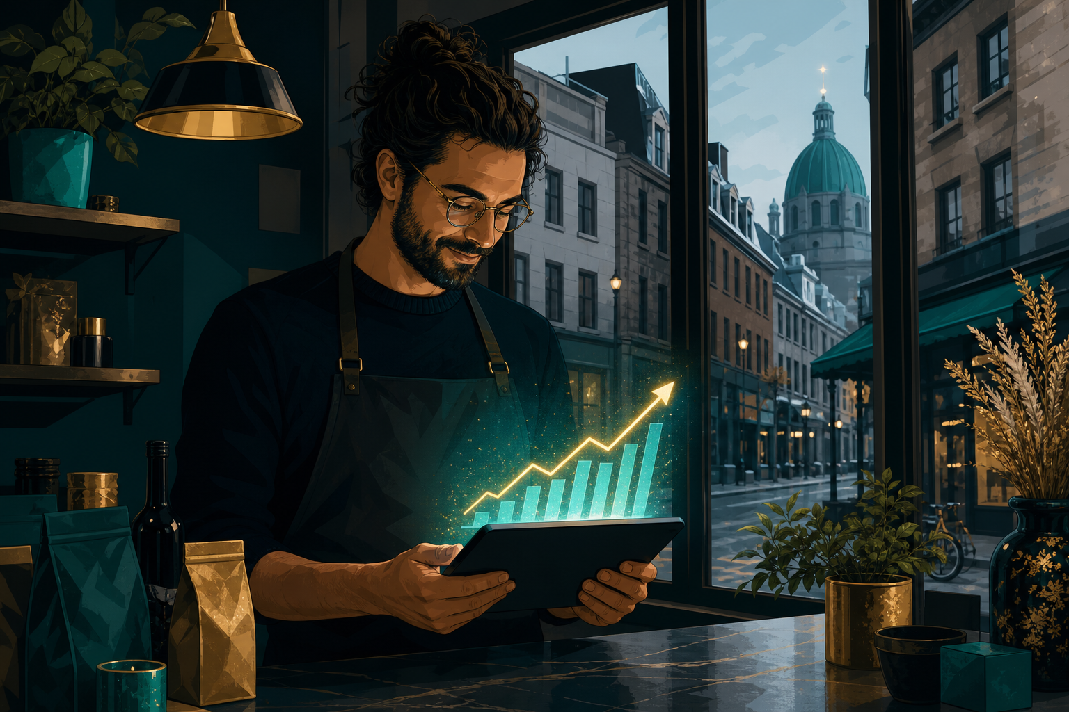 A small business owner in a Montreal street-level shop looking at a glowing upward-trending graph on a tablet, with city arch