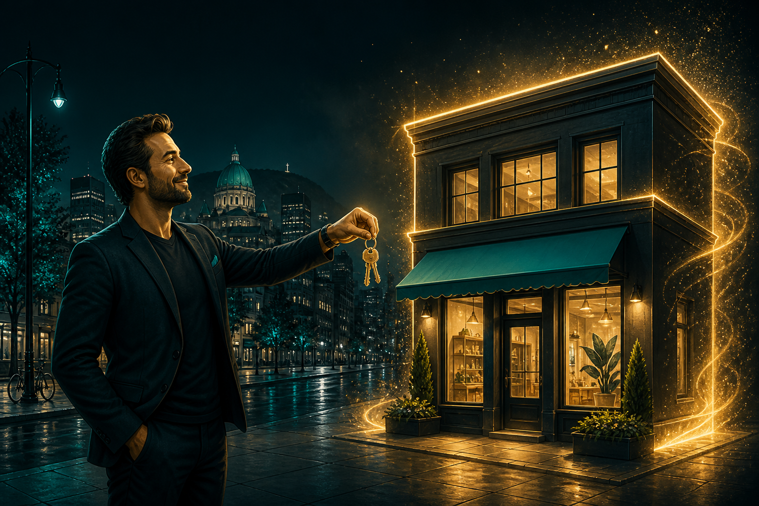 A small business owner confidently handing a set of keys to a glowing, fully-built storefront that has just materialized — re