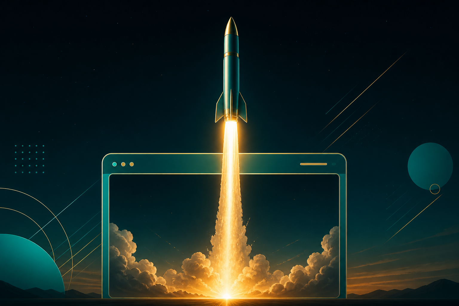 A rocket clearing a launchpad at dawn with a clean trajectory upward, leaving a glowing contrail — the launchpad styled as a
