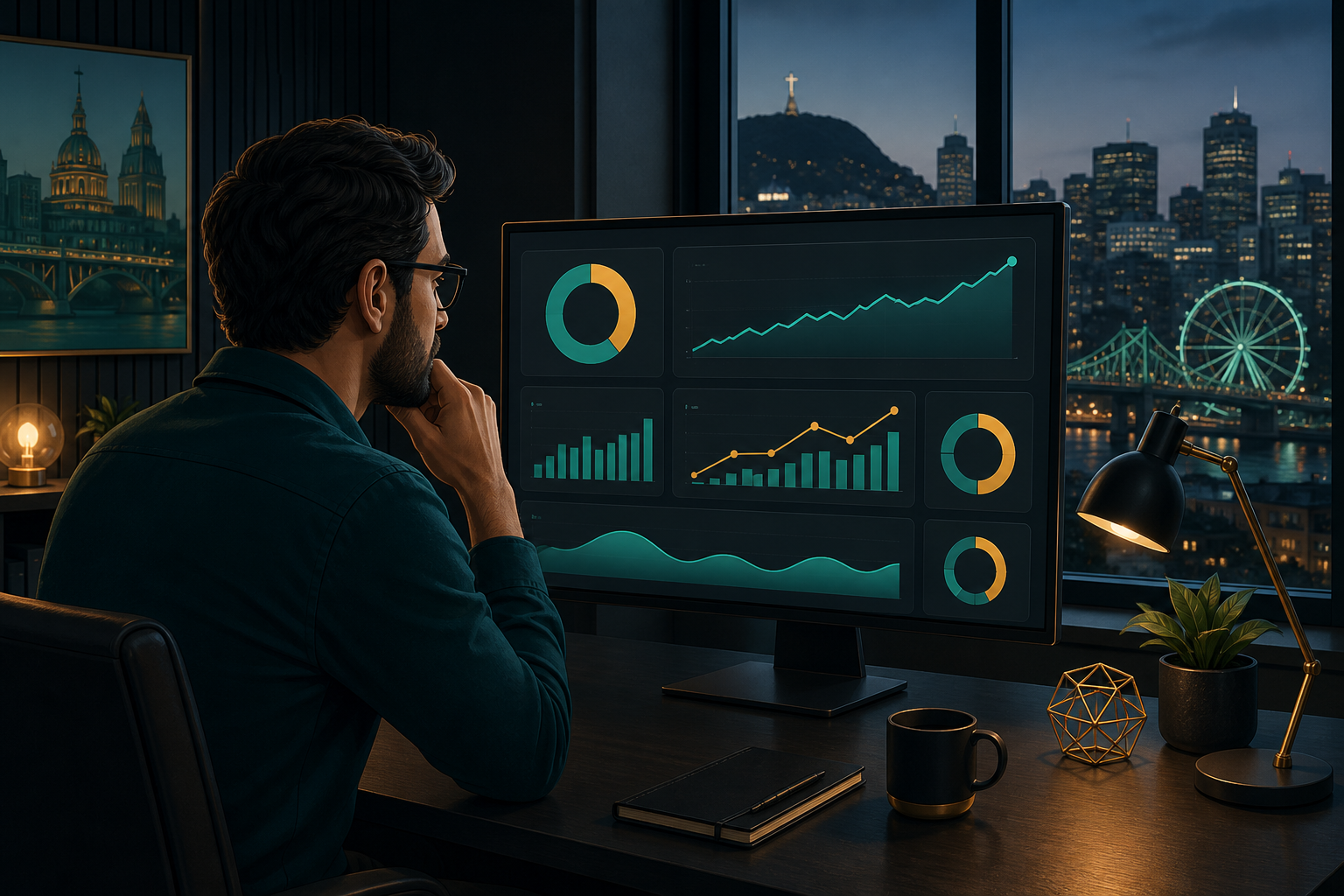 A Montreal small business owner reviewing a clean analytics dashboard showing time saved and revenue metrics, illustrated in