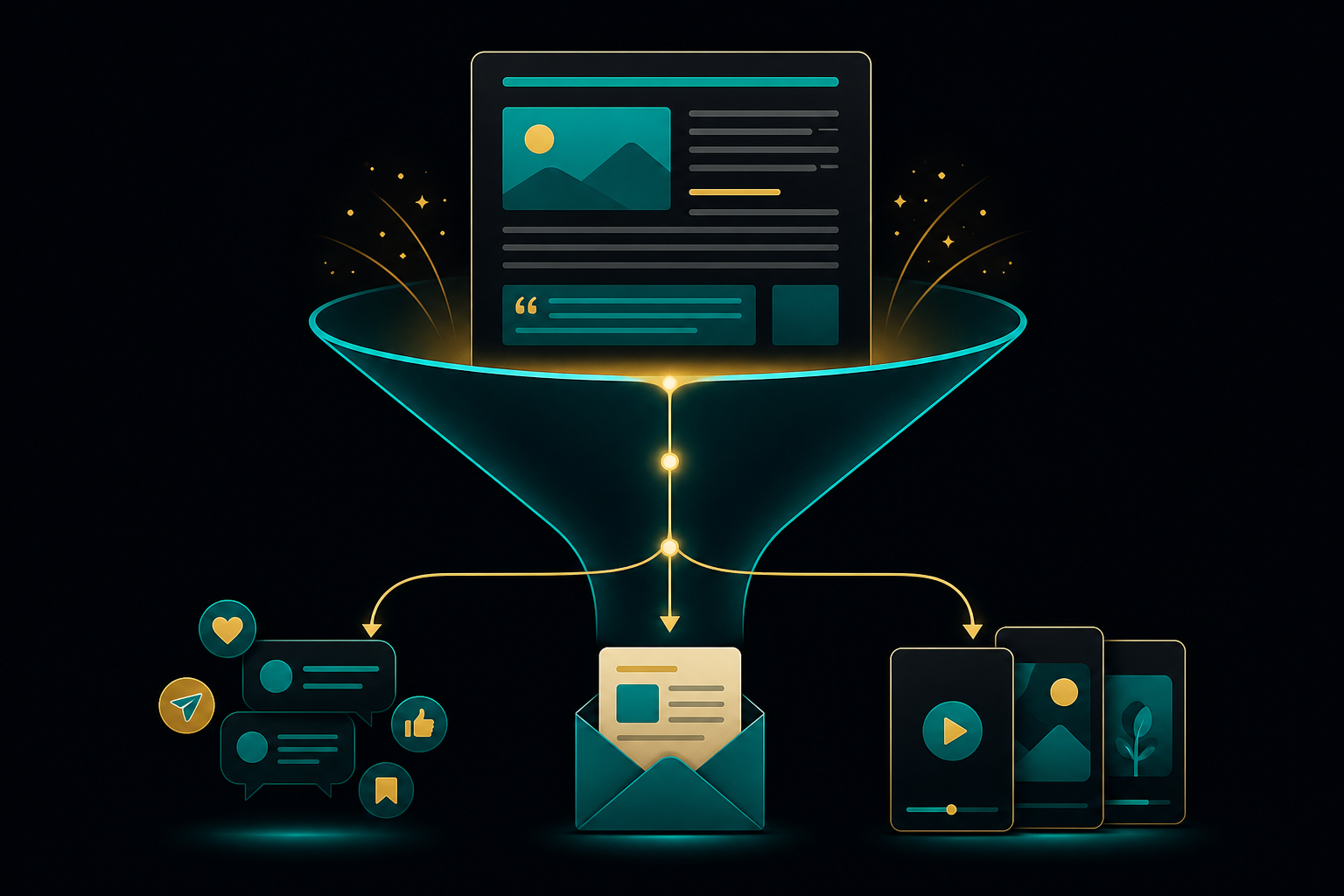 A funnel-shaped illustration showing one blog post at the top splitting into social captions, an email, and short video clips