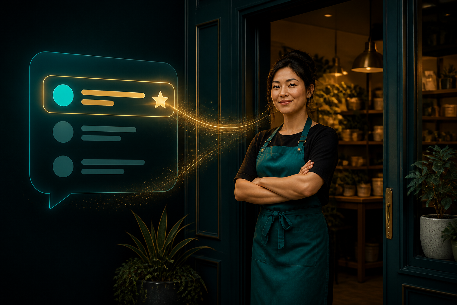 A small business owner standing confidently in their storefront doorway, with a translucent AI chat bubble beside them showing their business name highligh