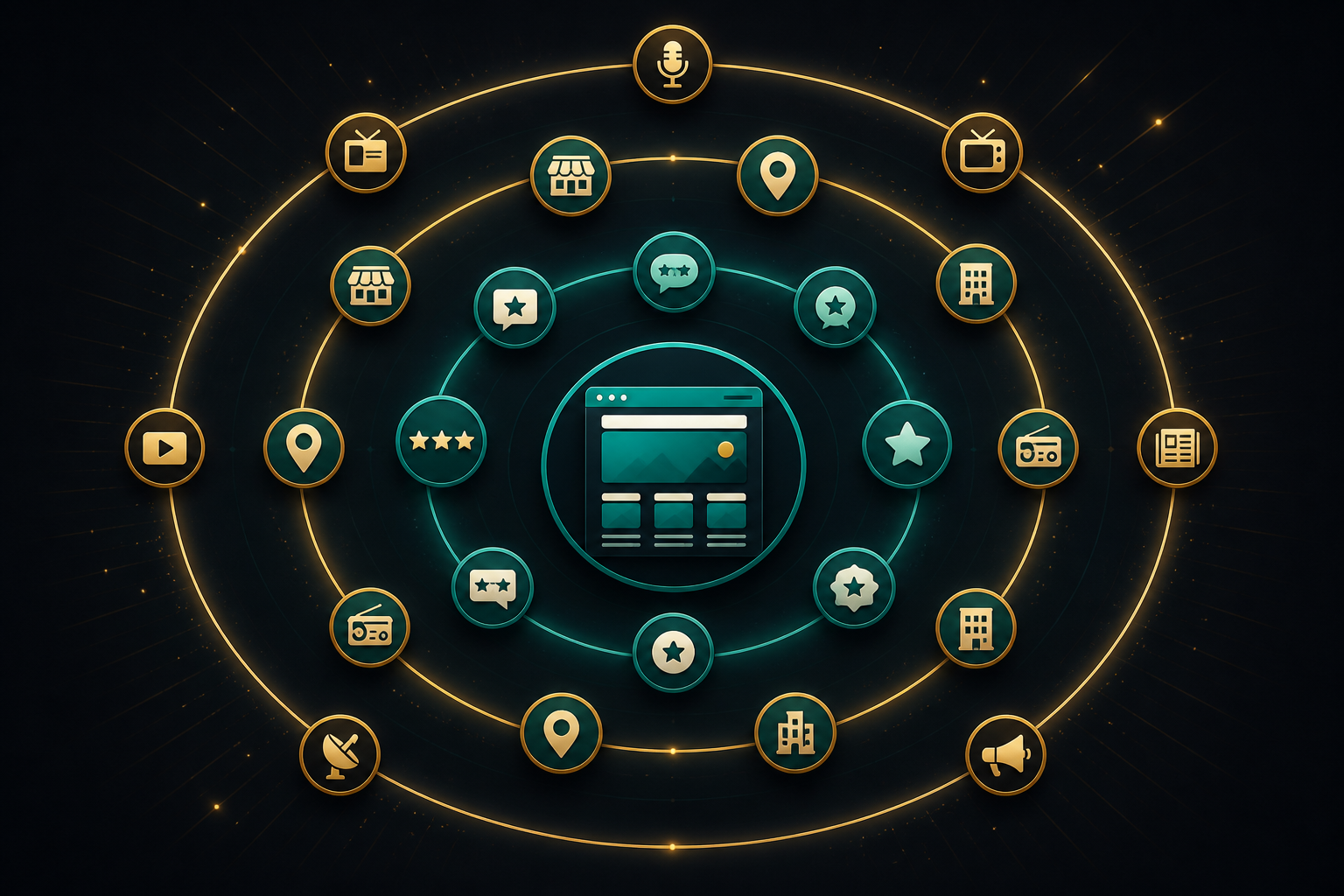 A layered diagram showing concentric circles: innermost is a business's own website, surrounded by review platforms, then local citations, then media menti