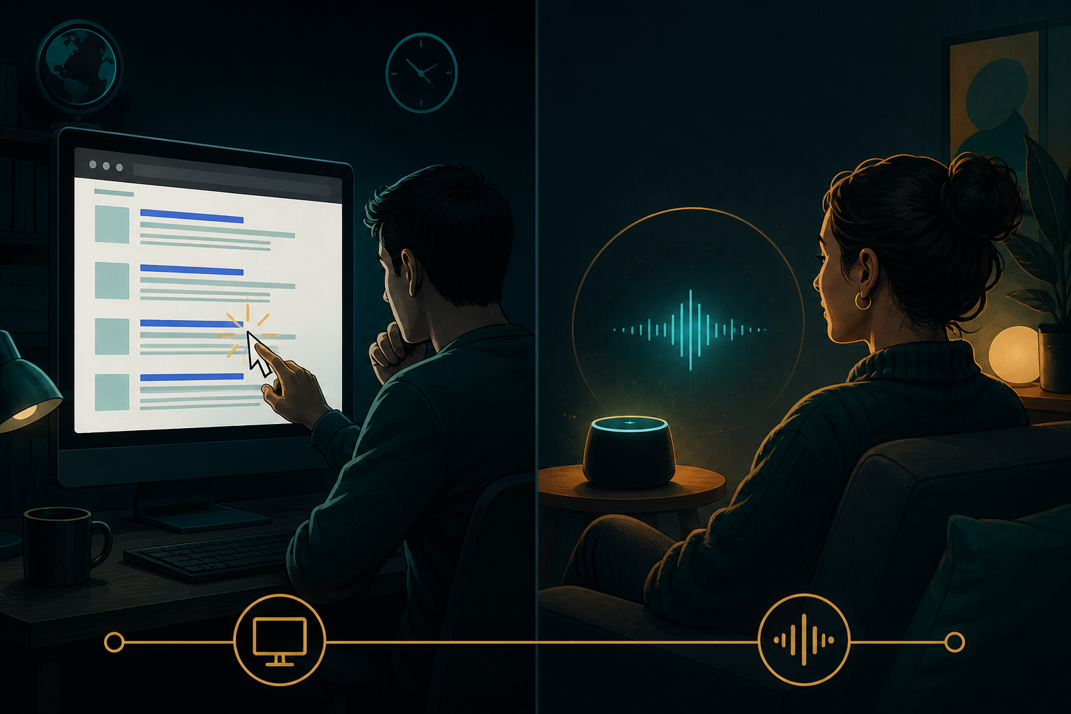 Split-scene illustration: on the left, a person clicking through a list of blue links on a screen; on the right, a person listening to a voice assistant's 