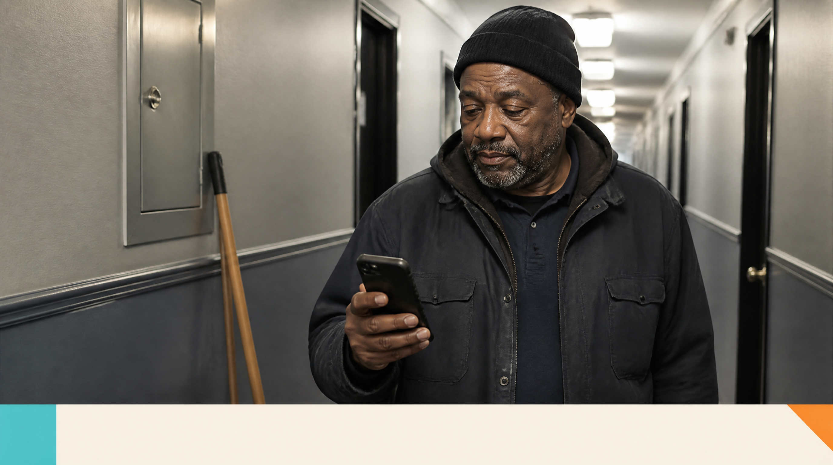 How Property Management Firms Use AI Agents to Triage Maintenance Requests — Supporting visual 1: A building superintendent on a smartphone in a apartment