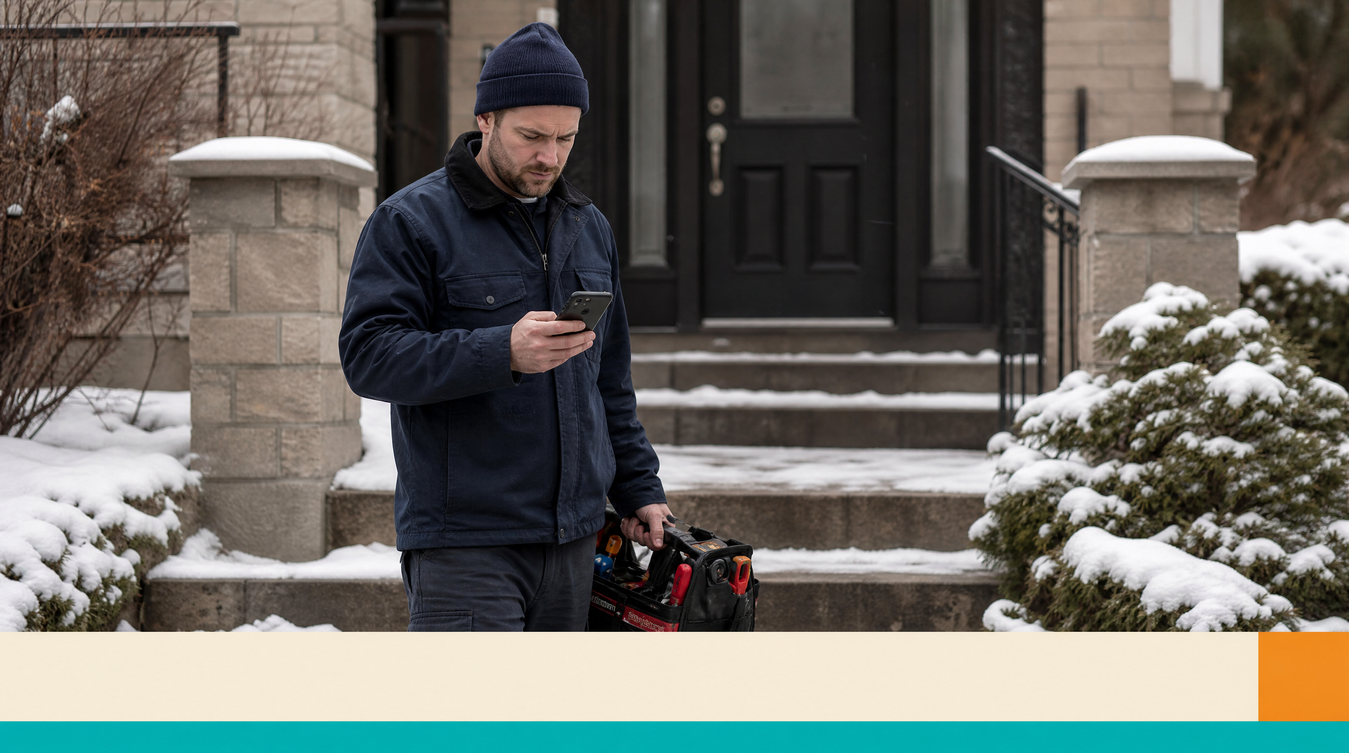 How Property Management Firms Use AI Agents to Triage Maintenance Requests — Supporting visual 2: A plumber in work gear checks his phone for a digital wor