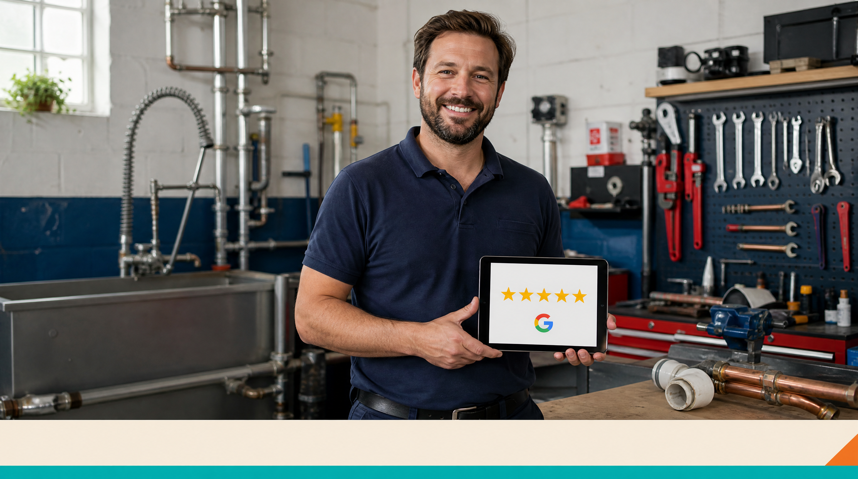 Website Rental — Closing visual: A smiling Montreal plumber in a branded polo shirt holds a tablet showing his business website's five-star Google review c