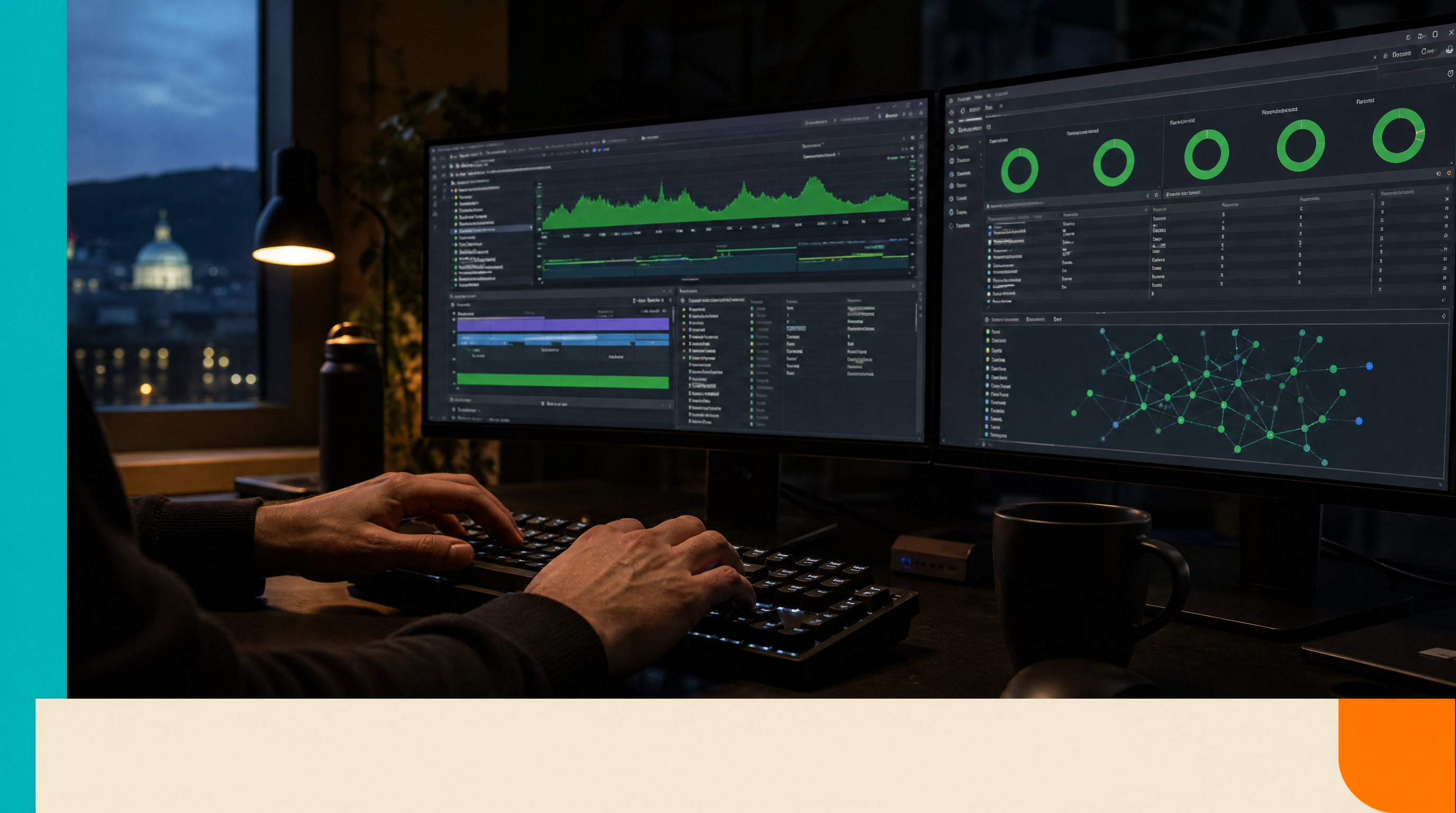 Website Rental — Supporting visual 1: Close-up of a developer's hands on a mechanical keyboard in a dark Montreal studio, multiple browser DevTools panels