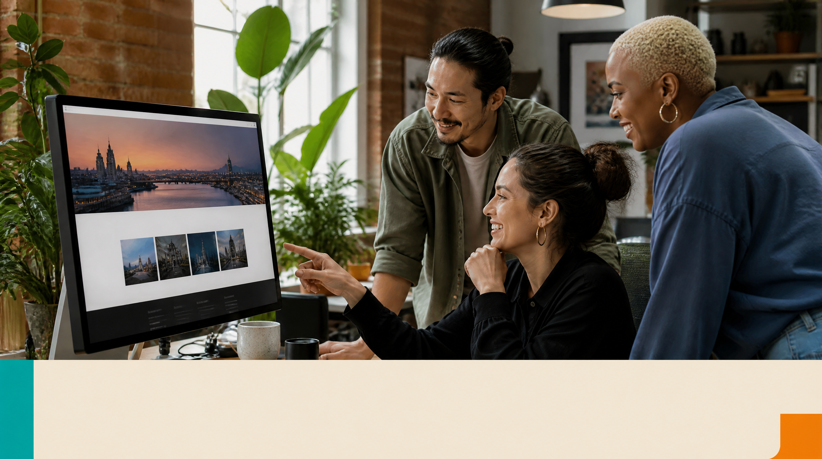 Ai Website — Closing visual: A diverse team of three people in a modern Montreal studio office, gathered around a large monitor showing a completed website