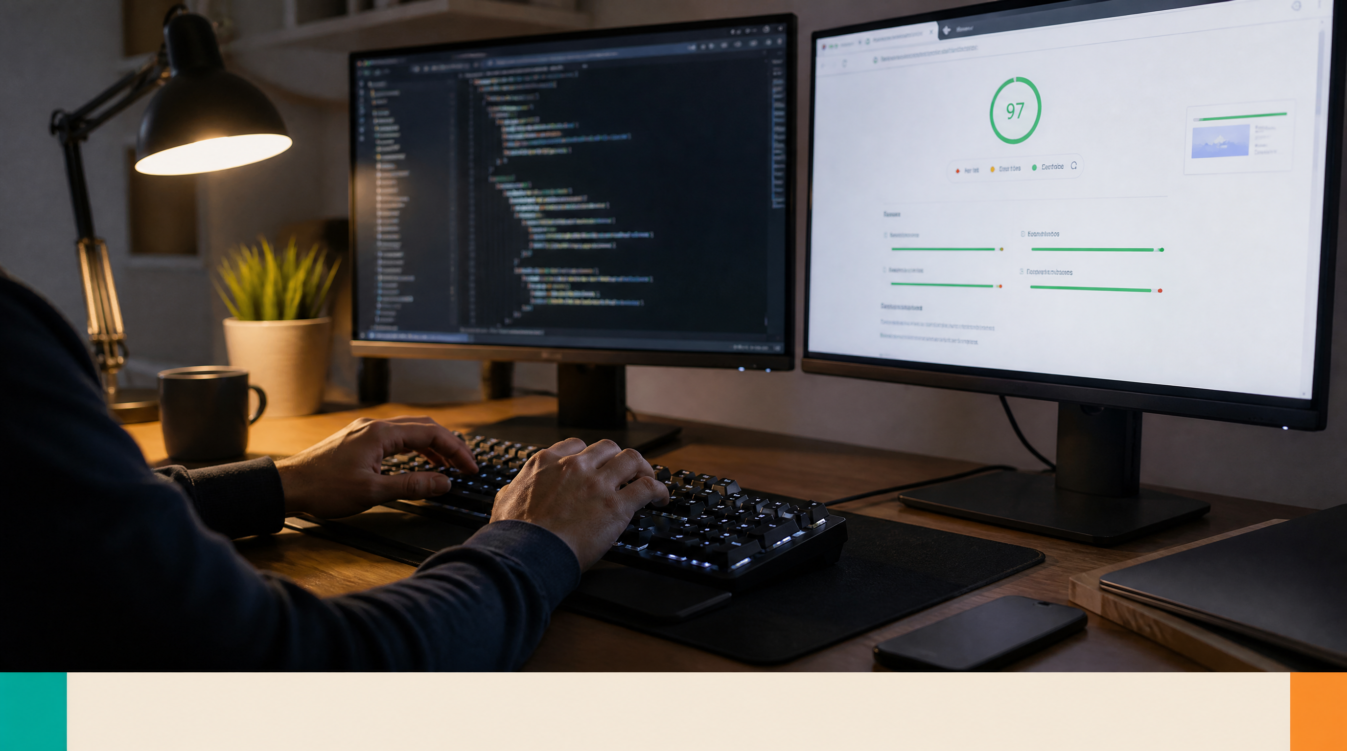 Ai Website — Supporting visual 1: A developer's hands on a mechanical keyboard, dual monitors showing clean React code and a Google PageSpeed Insights repo