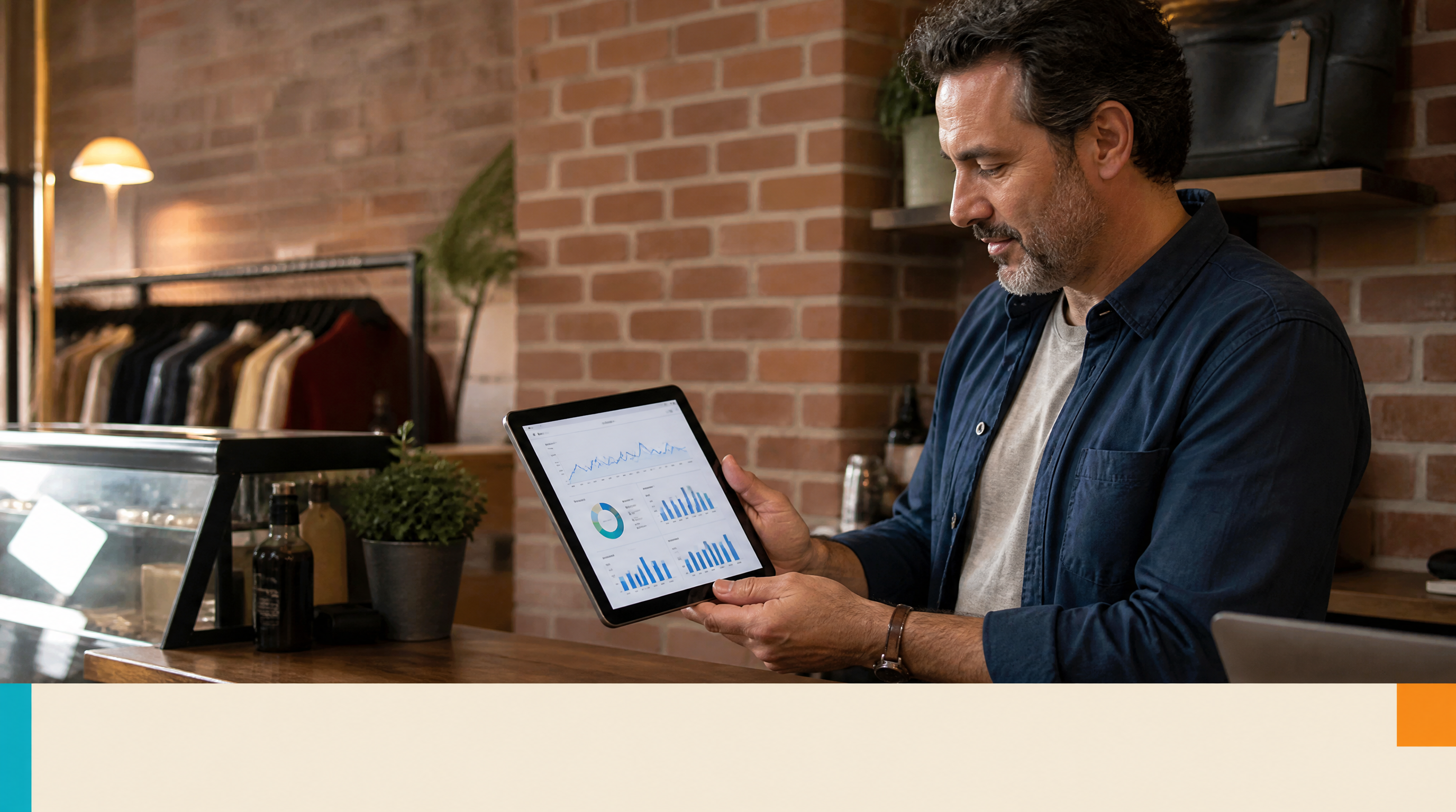 Ai Website — Supporting visual 2: A small business owner — a man in his 40s — reviewing a website analytics dashboard on a tablet at his shop counter, bric