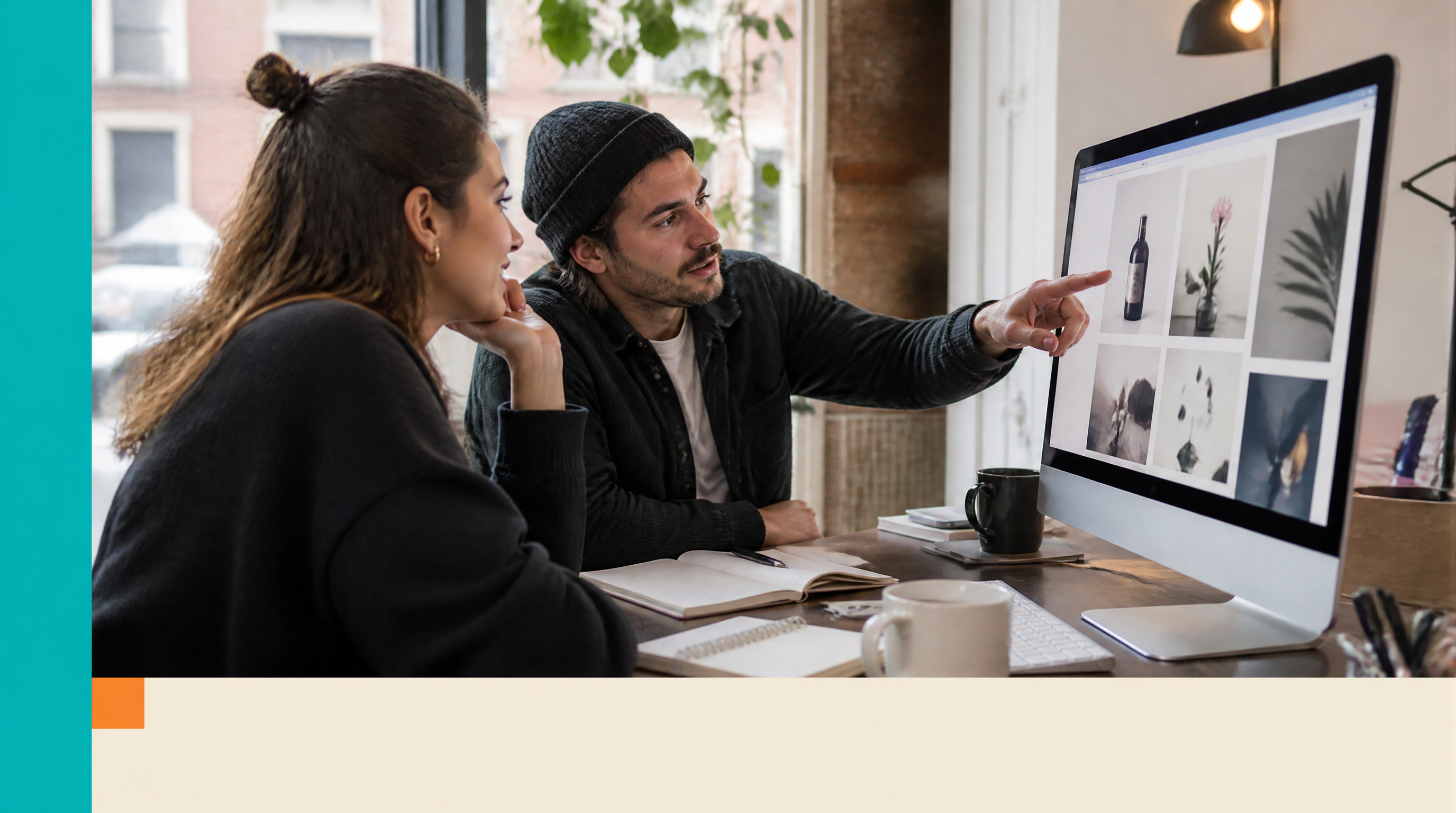 Website Rental — Closing visual: Two agency team members in a bright Montreal studio review a website on a large monitor together, one pointing at the scre