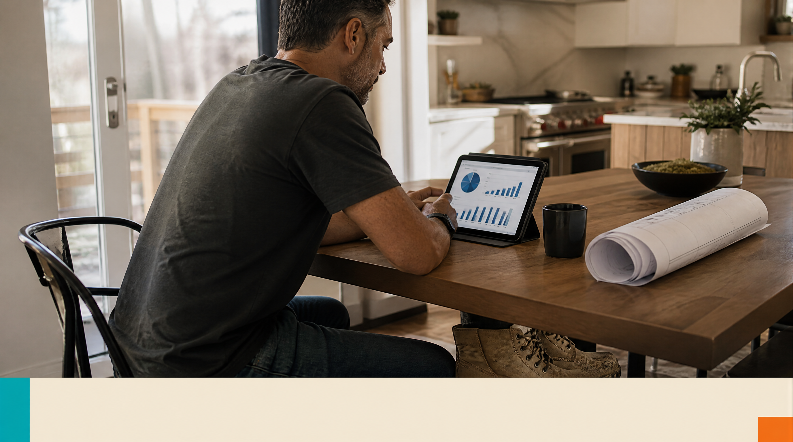 Website Rental — Supporting visual 1: A Toronto contractor sits at a kitchen table with a tablet showing website analytics, work boots visible under the ta