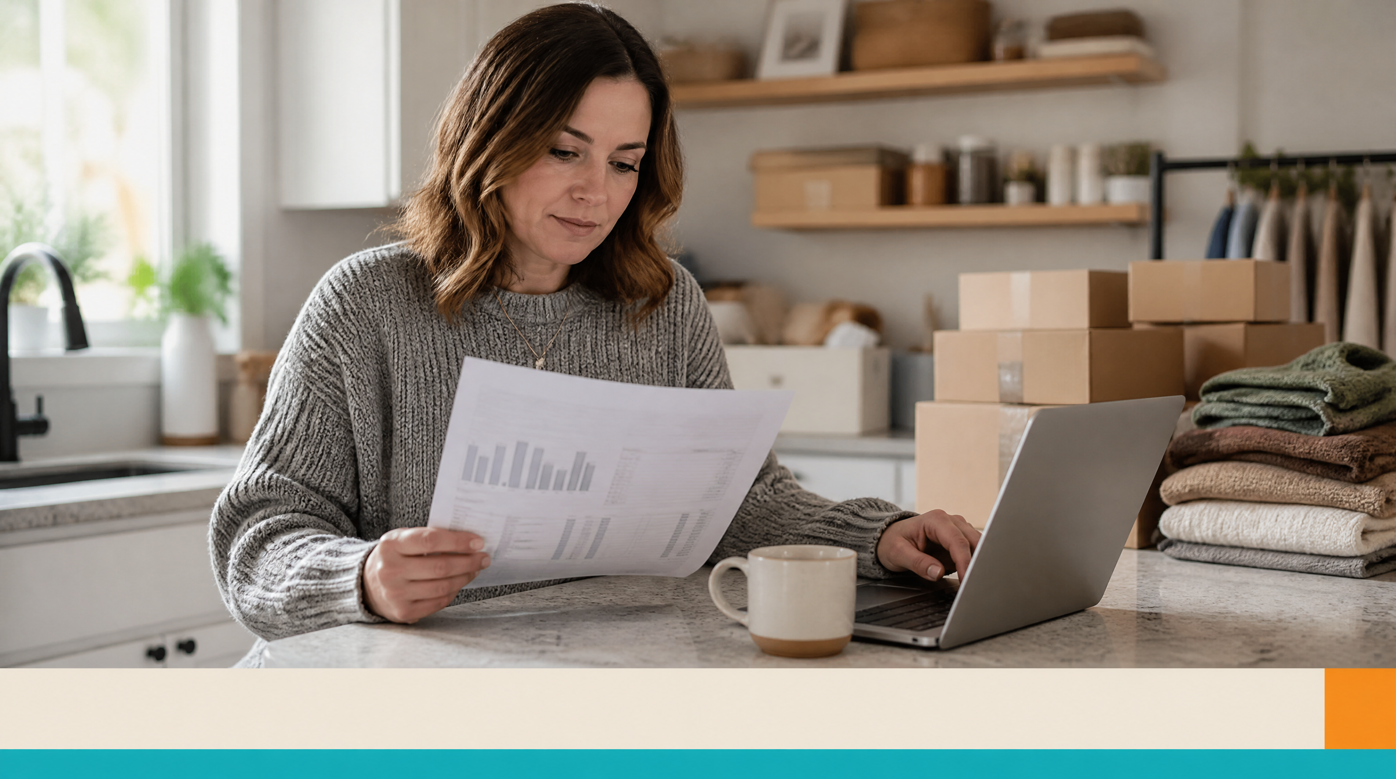 AI Exception-Management Agents for 3PL and E-Commerce Fulfillment Operations — Closing visual: A small business owner sits at a kitchen-counter workspace r